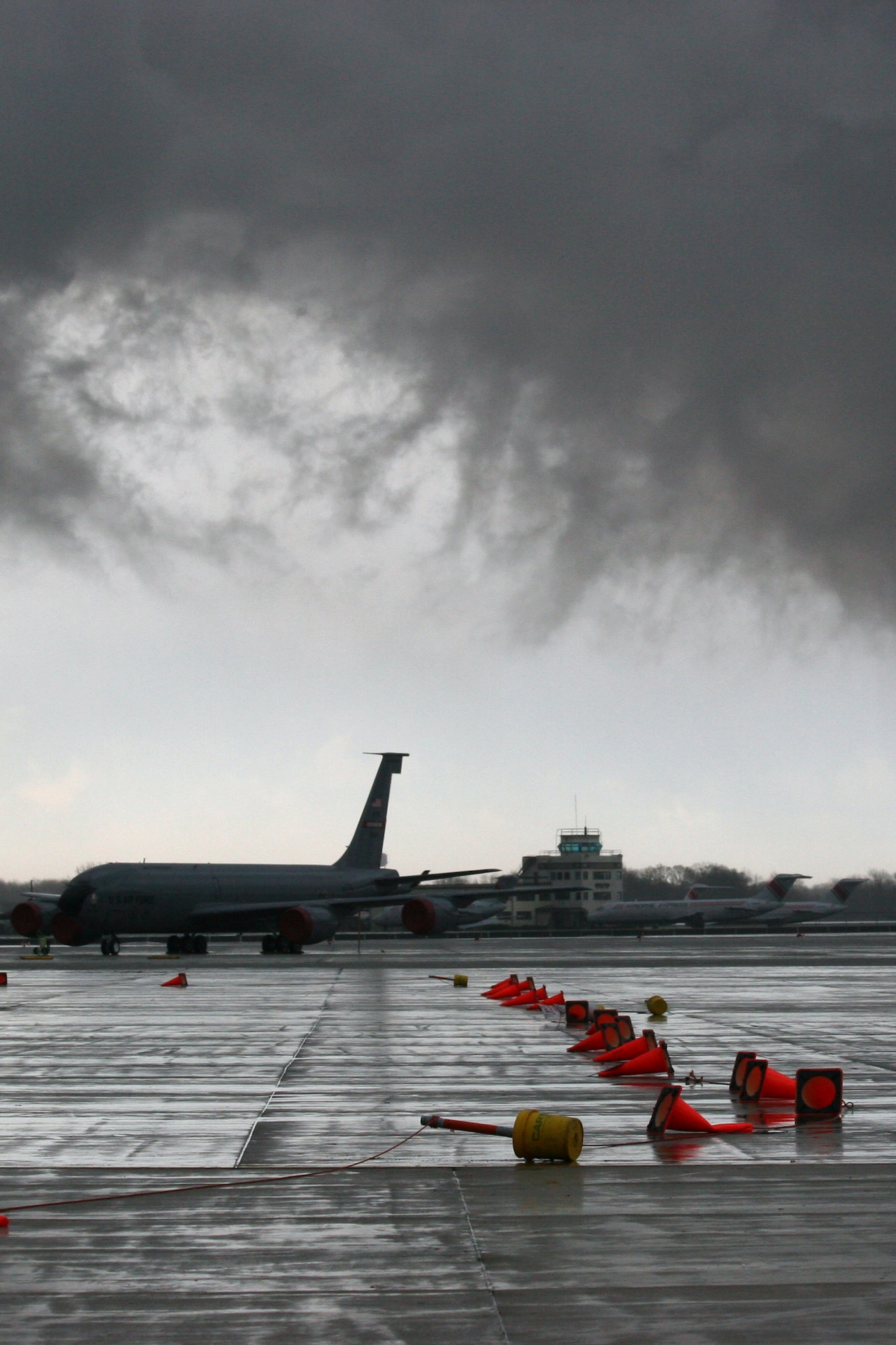 GRISSOM AIR RESERVE BASE, Ind. -- Clouds swirl over the flight line as a cold front moving from the Northwest clashed with a warm front from the Southwest recently. This weather movement brought snow to just north of the base, while areas south of the base where affected by rain, hail, and tornados. (U.S. Air Force photo/Senior Airman Omar Delacruz)