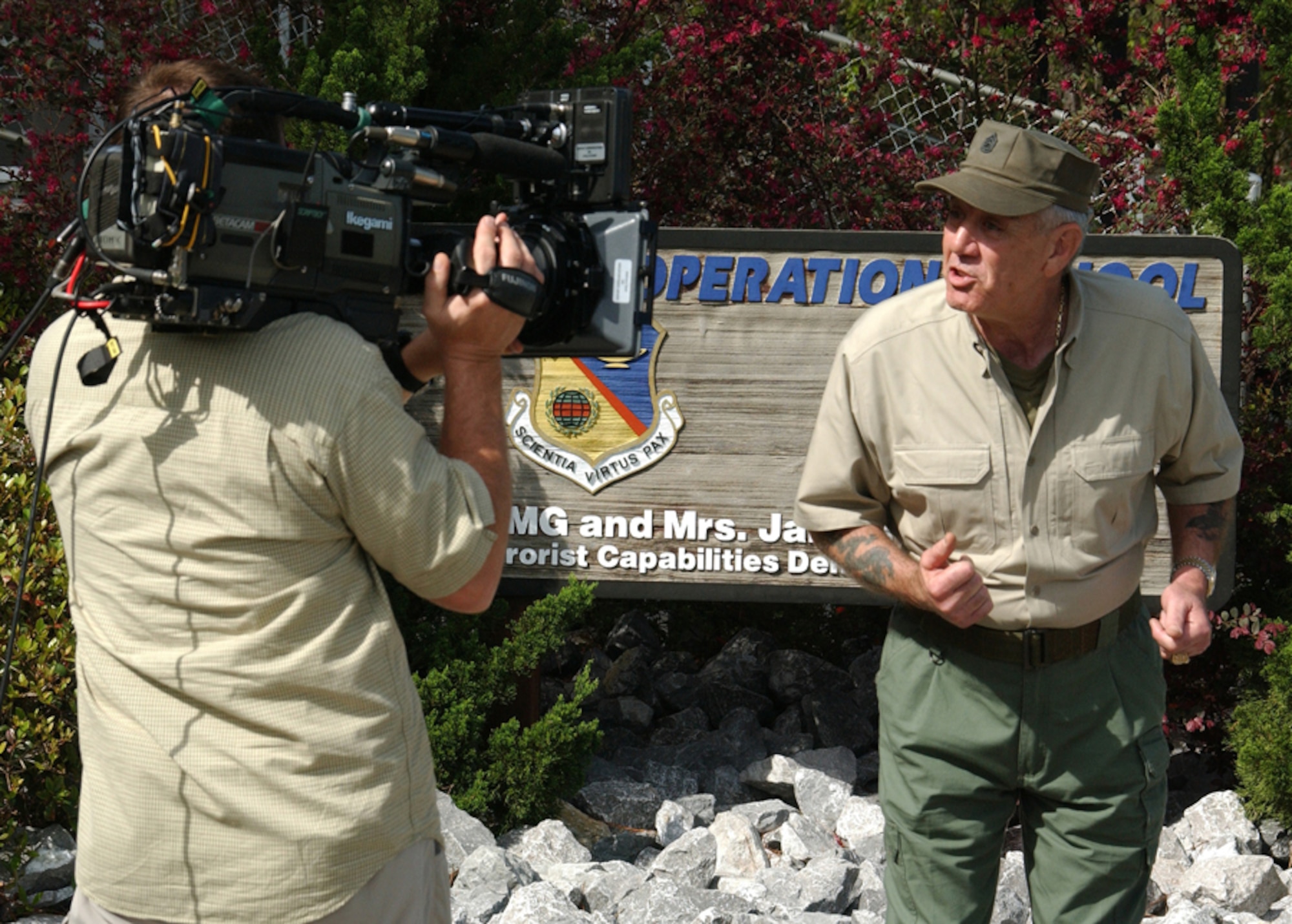 Forty years after its inception, the course offerings at the United States Air Force Special Operations School have expanded and have received the attention of national television shows like Discovery Channel's "Mail Call." Host R. Lee Ermey filmed a segment on the school's Dynamics in Terrorism course in March 2006.  (U.S. Air Force photo by Chief Master Sgt. Gary Emery)