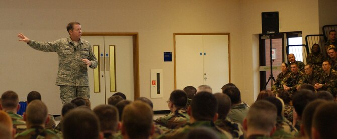 Chief Master Sgt. of the Air Force Rodney McKinley spoke during an enlisted call at RAF Mildenhall April 13. The chief talked to the Airmen about current events affecting the today’s Air Force, as well as addressed questions posed by the audience.(U.S. Air Force photo by Airman Brad Smith)