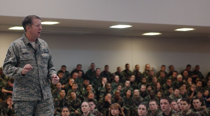 Chief Master Sgt. of the Air Force Rodney McKinley spoke during an enlisted call at RAF Mildenhall April 13. The chief talked to the Airmen about current events affecting the today’s Air Force, as well as addressed questions posed by the audience.(U.S. Air Force photo by Airman Brad Smith)