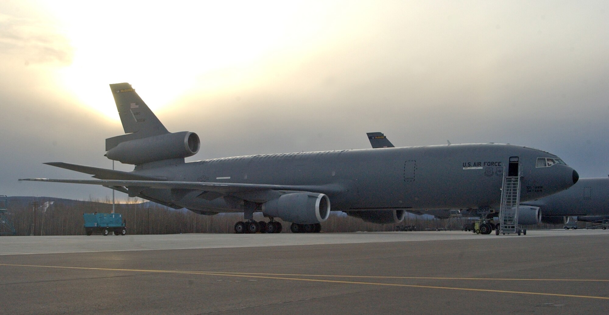 A McGuire Air Force Base KC-10 Extender and its crew prepare for a morning flight during Red Flag-Alaska 07-1 April 11. Red Flag-Alaska is a Pacific Air Forces-directed field training exercise for U.S. forces flown under simulated air combat conditions. It is conducted on the Pacific Alaskan Range Complex with air operations flown out of Eielson and Elmendorf Air Force Bases. (U.S. Air Force photo/Senior Airman Justin Weaver).