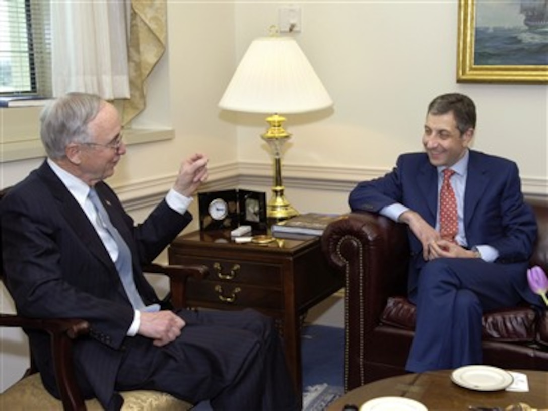 Deputy Secretary of Defense Gordon England (left) hosts a Pentagon meeting with Georgian Prime Minister Zurab Noghaideli (right) on April 12, 2007.  England and Noghaideli are meeting to discuss bilateral security issues.  
