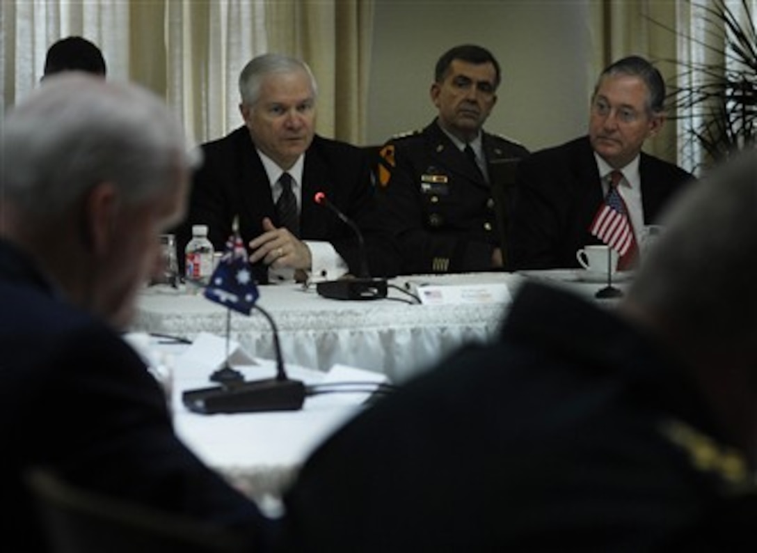 Defense Secretary Robert M. Gates speaks to defense ministers during the Regional Command South Defense Ministers Conference in Quebec, Canada, April 12, 2007. 
