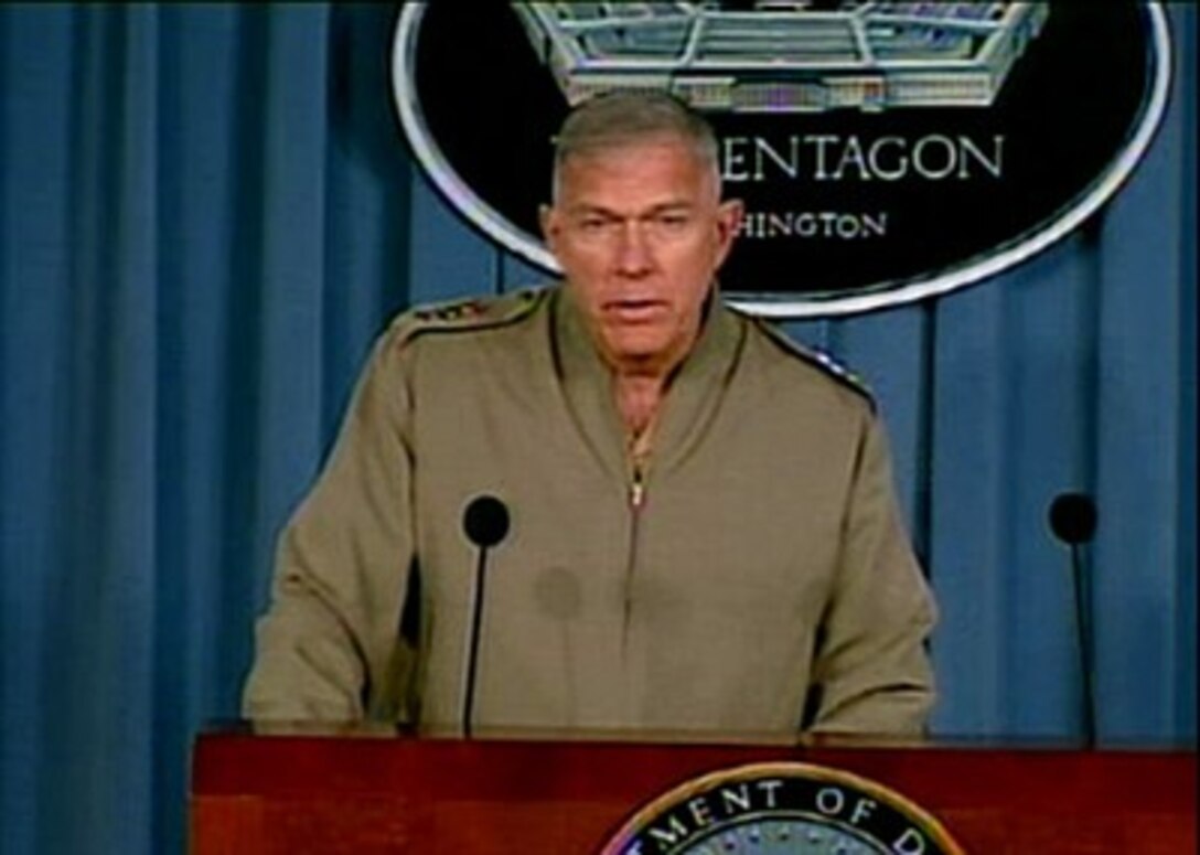 Commandant of Marine Corps Gen. James Conway speaks with reporters at the Pentagon, April 13, 2007, announcing the deployment of the first operational MV-22 Osprey squadron.