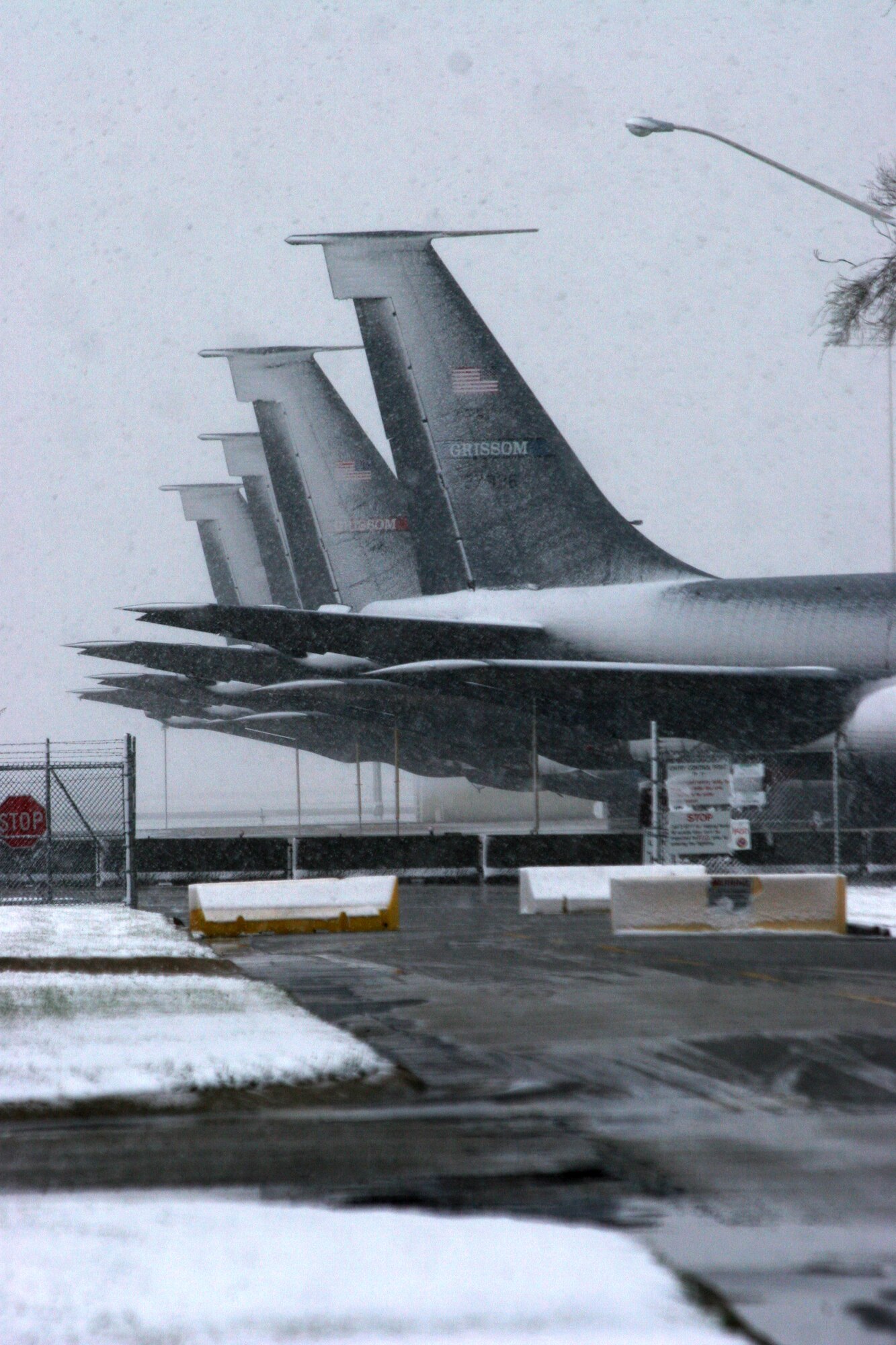 GRISSOM AIR RESERVE BASE, Ind., -- An early Spring storm rolled through the base on April 14, blanketing unit KC-135R Stratotankers with heavy wet snows. The picturesque snow created slushy slick roads for Airmen at the base for the April unit training assembly. (Air Force photo/SrA. Omar Delacruz)