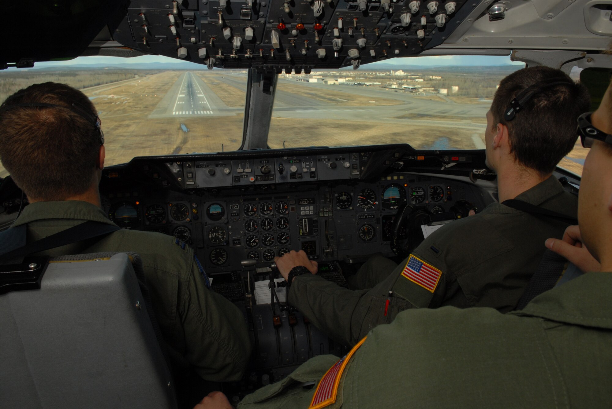 EIELSON AIR FORCE BASE, Alaska -- Capt. David Diehl and 1st  Lt. Ryan Maclean, 6th Air Refueling Squadron, Travis AFB, C.A., prepare to land a KC-10 Extender on April 16 during Red Flag-Alaska 07-1. Red Flag-Alaska is a Pacific Air Forces-directed field training exercise for U.S. forces flown under simulated air combat conditions. It is conducted on the Pacific Alaskan Range Complex with air operations flown out of Eielson and Elmendorf Air Force Bases. (U.S. Air Force Photo by Airman 1st Class Jonathan Snyder)