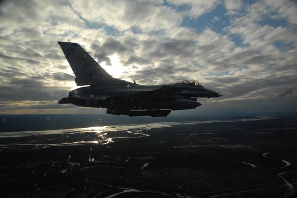 EIELSON AIR FORCE BASE, Alaska--Capt Jeremy Wimer,  F-16 Fighting Falcon pilot from the 18th Fighter Squadron, enters final approach over Eielson Air Force Base after returning from a Red Flag-Alaska 07-1 mission. Red Flag-Alaska is a Pacific Air Forces-directed field training exercise for U.S. forces flown under simulated air combat conditions. (U.S. Air Force photo by Master Sgt. Robert Wieland)