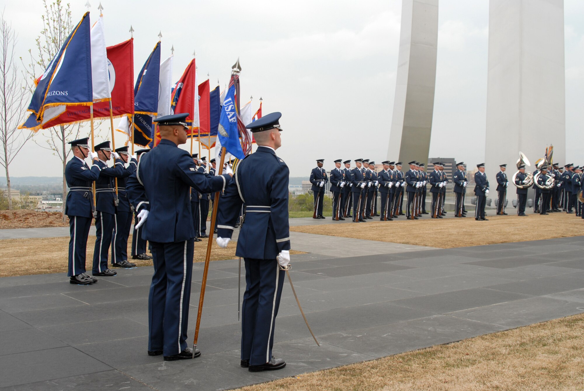 ARLINGTON, Va. -- The Air Force Honor Guard performs a pass and review ceremony for the reviewing official, Maj. Gen. Robert Smolen, Air Force District of Washington commander.  The pass and review was part of the Air Force Review held April 14 at the Air Force Memorial.