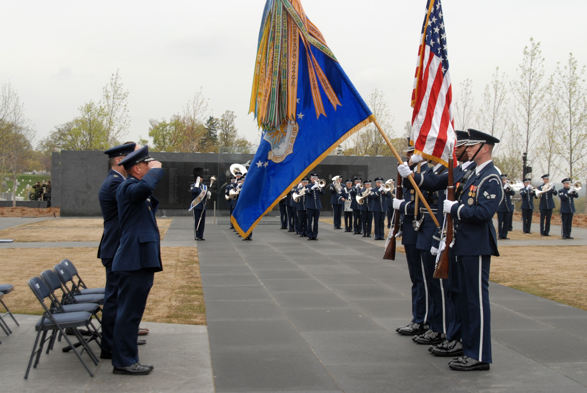 ARLINGTON, Va. -- The Air Force Honor Guard presents the colors during the Air Force Review ceremony April 14 at the Air Force Memorial.  Maj. Gen. Robert Smolen, Air Force District of Washington commander, was the host of the event, as well as the reviewing official.