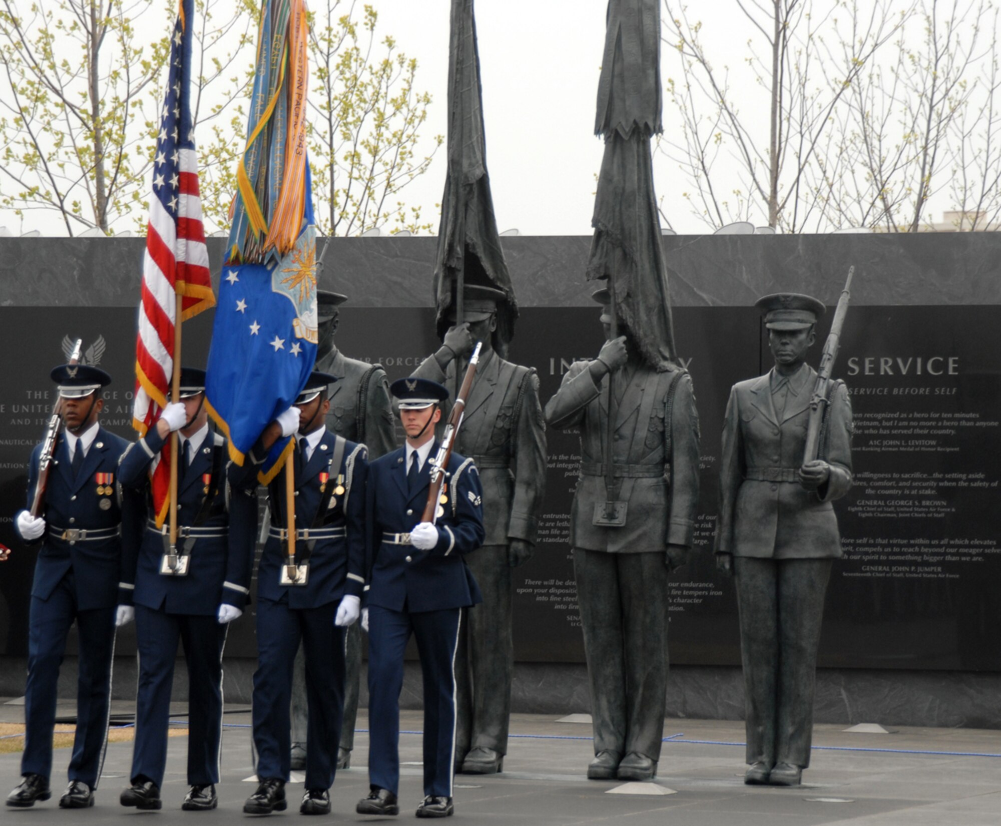 ARLINGTON, Va. --A color team from the Air Force Honor Guard presents the colors as part of the Air Force Review ceremony April 14 at the Air Force Memorial.  Maj. Gen. Robert Smolen, Air Force District of Washington commander, was the event host as well as the reviewing official.