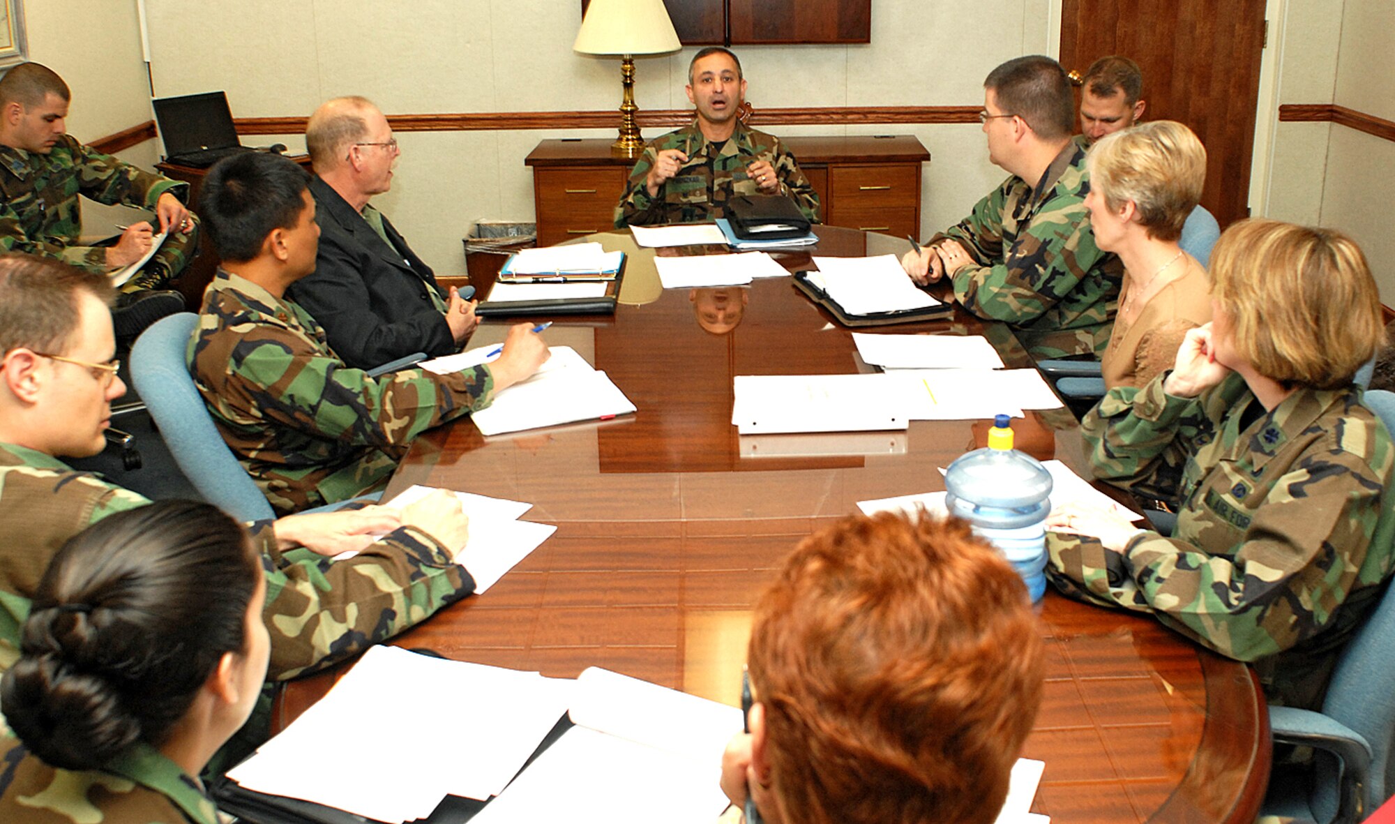 Col. Mohsen Parhizkar, 377th Air Base Wing vice commander, opens a meeting with the 60th Anniversary planning committee here. The three Air Force bases in New Mexico will come together Sept. 14 for a celebration at the Sandia Resort and Casino. (U.S. Air Force photo by Todd Berenger)
