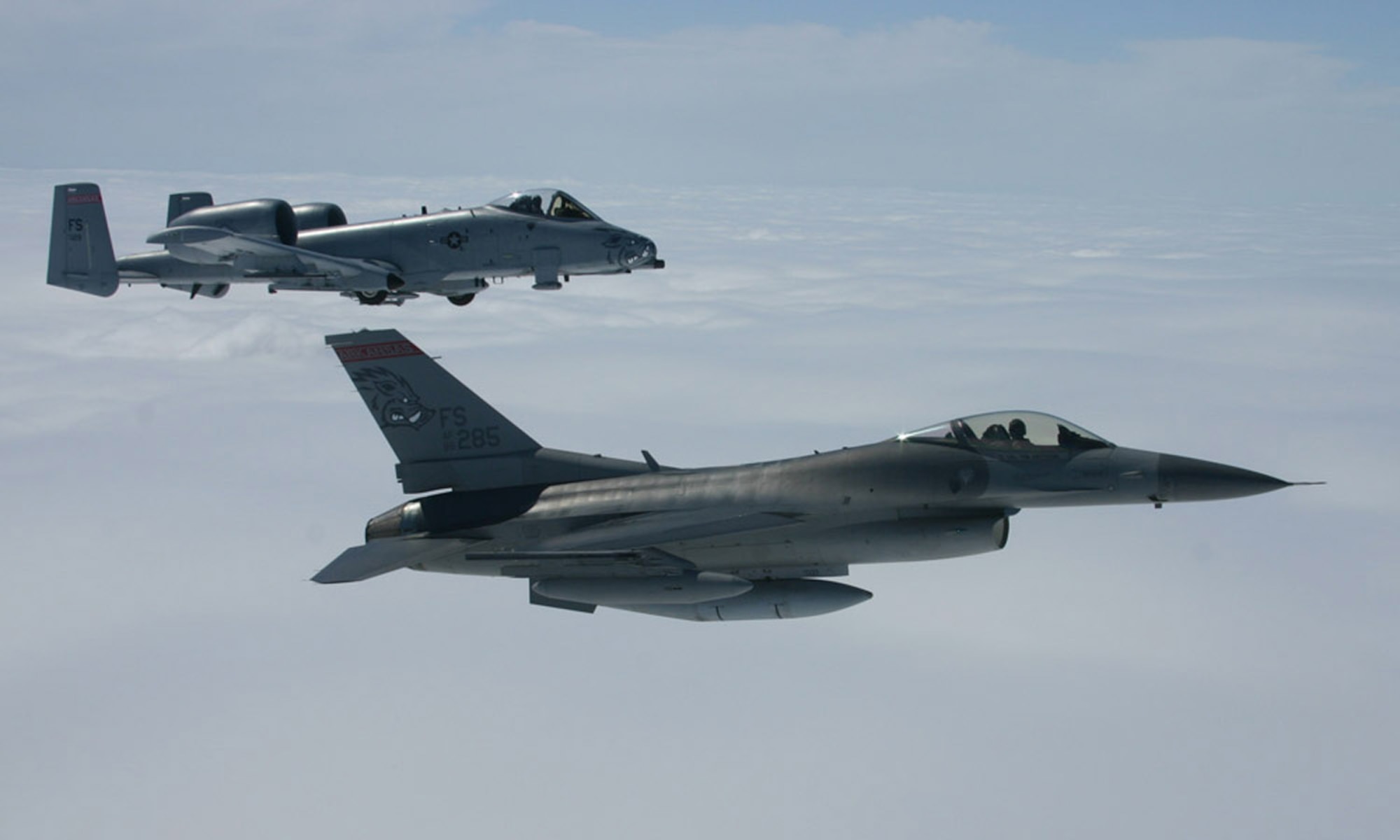 The 188th Fighter Wing in Fort Smith, Ark., welcomed its transition from F-16s to A-10s April 14. Federal, state and local elected officials along joined unit members to say farwell to the F-16 (foreground) and hello to the A-10 (background). Both pictured planes were flying off the wing of a 189th Airlift Wing C-130 before they returned to their base for an aerial demonstration. (U.S. Air Force photo by Master Sgt. Bob Oldham)