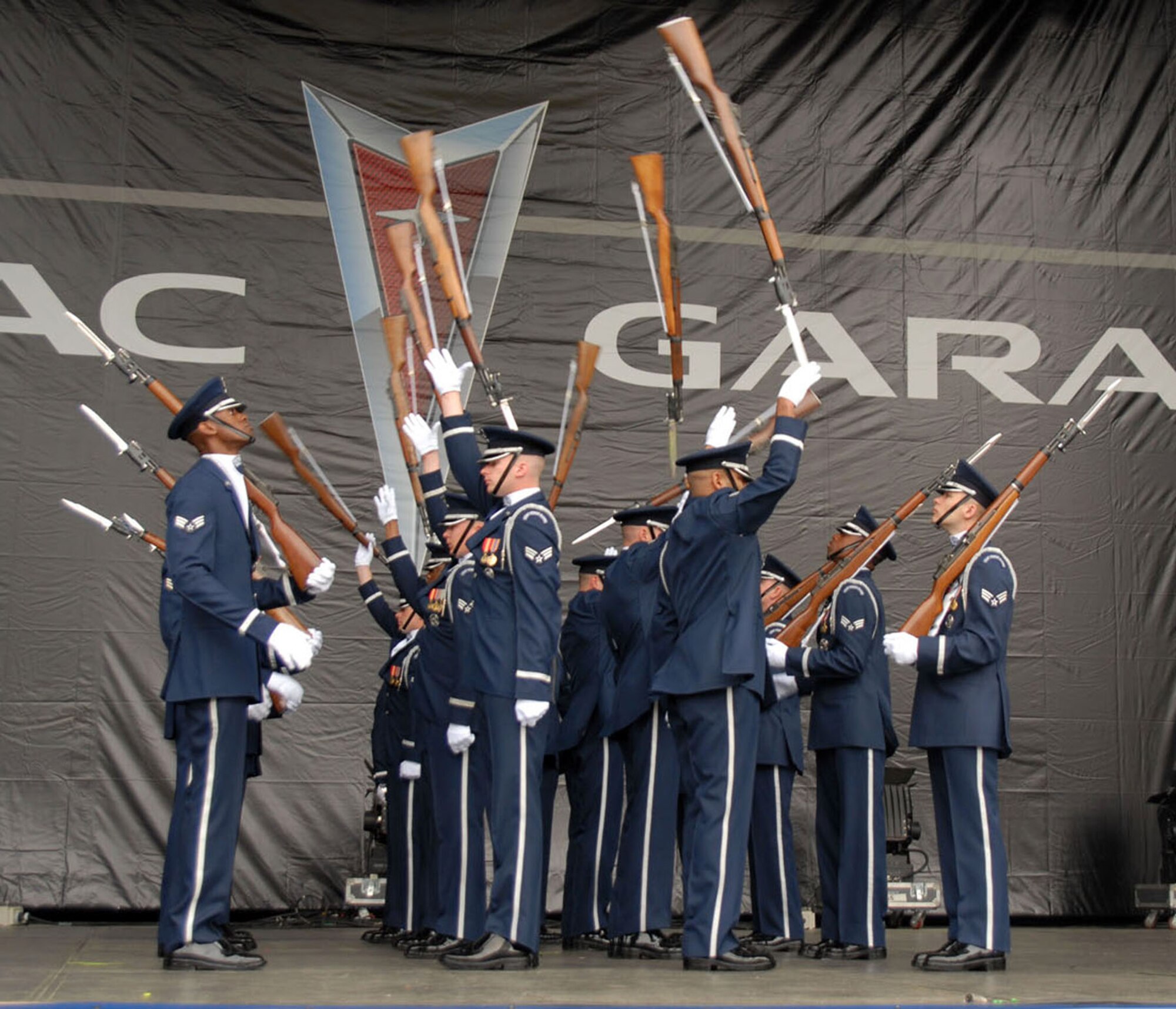 Air Force Honor Guard Drill Team members perform at the opening ceremonies for the NCAA Final Four Games March 31 at Centennial Olympic Park in Atlanta. The drill team recently returned from their latest 11-day tour around the U.S., that included visits to Atlanta; Hill Air Force Base, Utah; and Salt Lake City. (U.S. Air Force photo/Staff Sgt. Madelyn Waychoff)