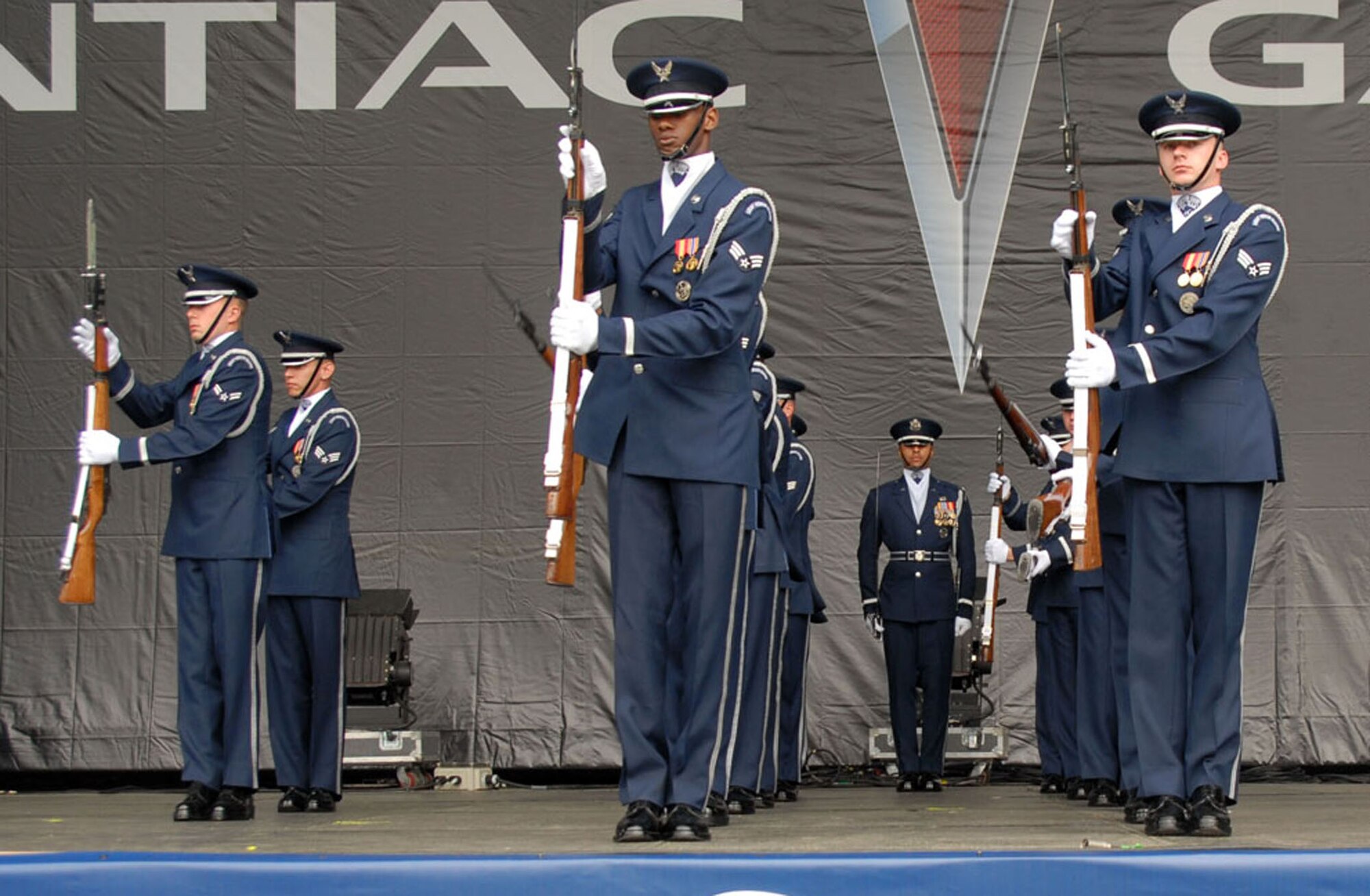 Air Force Honor Guard Drill Team members perform at the opening ceremonies for the NCAA Final Four Games March 31 at Centennial Olympic Park in Atlanta. The drill team recently returned from their latest 11-day tour around the U.S., that included visits to Atlanta; Hill Air Force Base, Utah; and Salt Lake City. (U.S. Air Force photo/Staff Sgt. Madelyn Waychoff)