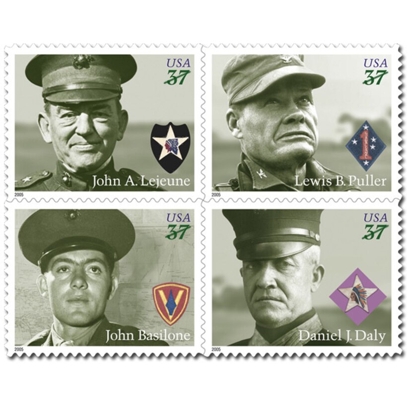 The new set of stamps issued by the U.S. Postal Service depicting four of the most distinguished Marine Corps heroes is set to arrive on Station in May