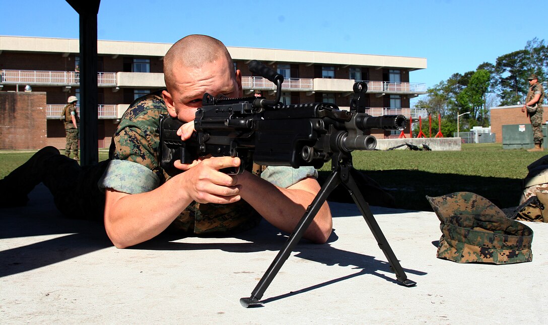 Pfc. Kyle D. Springer, a squad automatic weapon gunner with Company K, 3rd Battalion, 2nd Marine Regiment, 2nd Marine Division, lays in the prone position performing gun drills.  The exercise is part of the company?s daily training, which includes patrolling, enhanced marksmanship, magazine drills and learning how to clear rooms and ladderwells properly.  The drills are led by more senior Marines with the company that have already deployed and can share knowledge and real life experience with the younger Marines.  (Official U.S. Marine Corps photo by Lance Cpl. Bryce C.K. Muhlenberg (RELEASED)