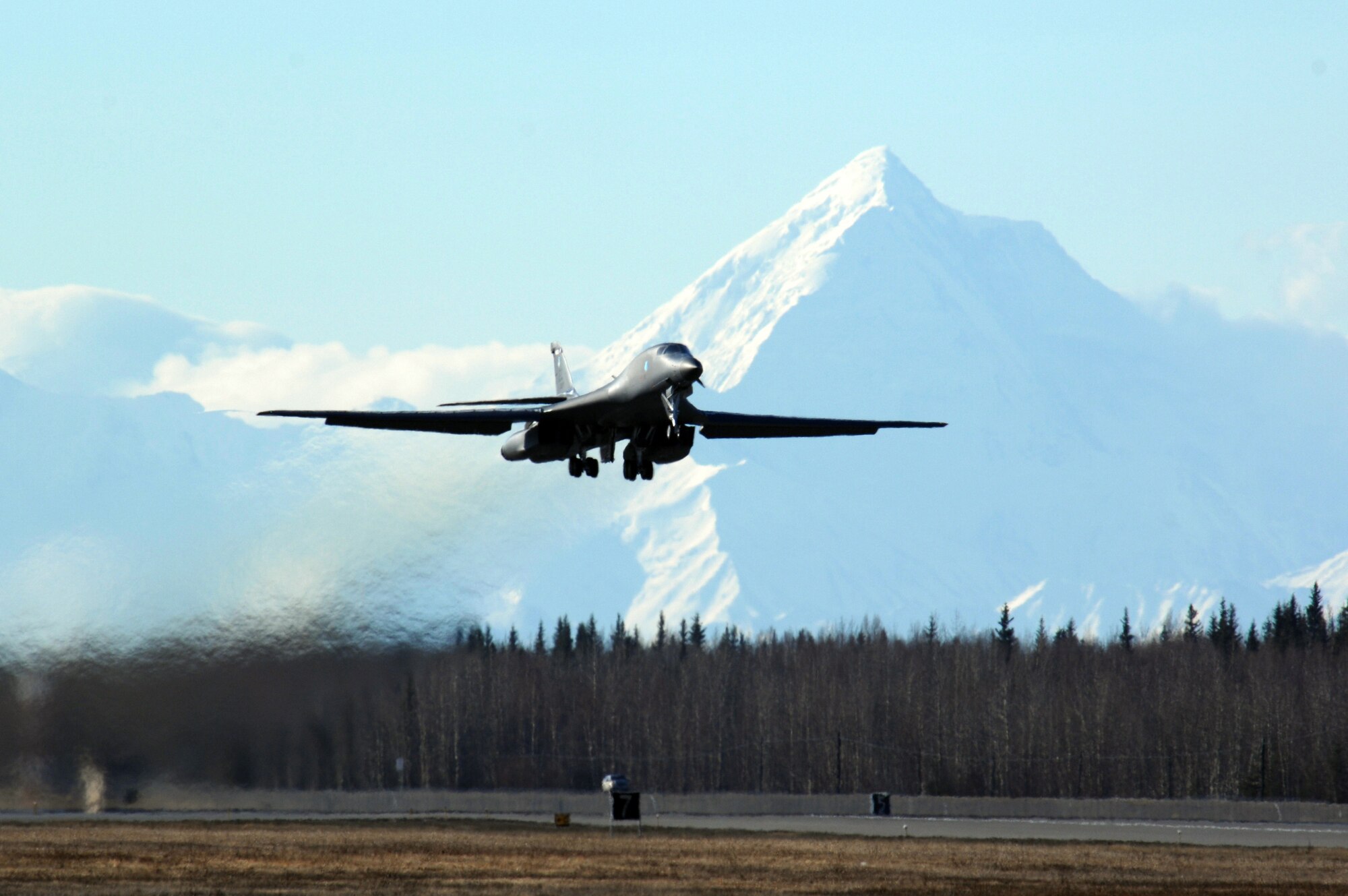 EIELSON AIR FORCE BASE, Alaska -- A B-1B Lancer from Ellsworth Air Force Base, South Dakota takes off for a mission during Red Flag-Alaska 07-1. Red Flag-Alaska is a Pacific Air Forces-directed field training exercise for U.S. forces flown under simulated air combat conditions. It is conducted on the Pacific Alaskan Range Complex with air operations flown out of Eielson and Elmendorf Air Force Bases. (U.S. Air Force Photo by Staff Sgt Joshua Strang)