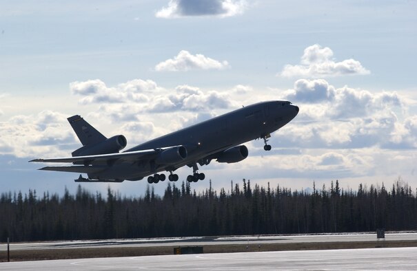 EIELSON AIR FORCE BASE, Alaska -- A KC-10 Extender from McGuire Air Force Base, New Jersey takes off for a mission during Red Flag-Alaska 07-1 on April 16. Red Flag-Alaska is a Pacific Air Forces-directed field training exercise for U.S. forces flown under simulated air combat conditions. It is conducted on the Pacific Alaskan Range Complex with air operations flown out of Eielson and Elmendorf Air Force Bases.  (U.S. Air Force Photo by Staff Sgt Tia Schroeder) 