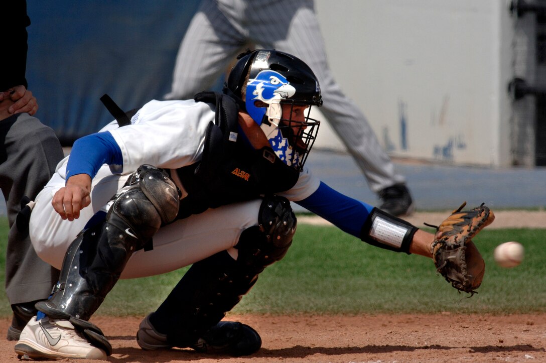 Junior Cadet catcher Josh Meents had a busy day behind the plate as the New Mexico Lobos swept the 3-game series from the Air Force Falcons.   (U.S. Air Force photo/Mike Kaplan)