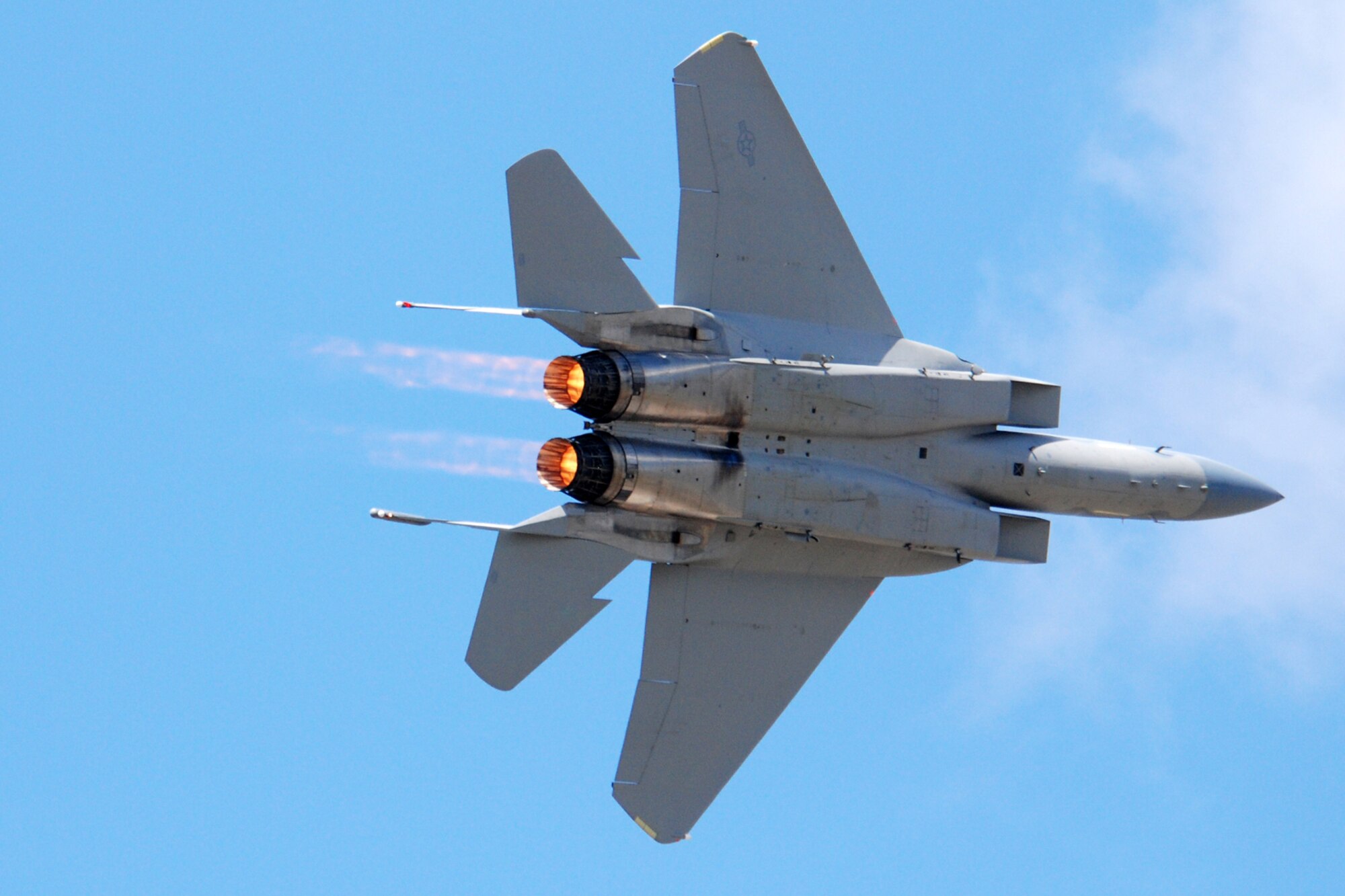 EGLIN AIR FORCE BASE, Fla. -- The Air Combat Command F-15 West Coast Demonstration Team, stationed here, displays the F-15C capabilities as a single-role fighter designed to perform air-to-air missions to thousands at the 2007 Eglin Air Show April 15. The team performed at over 30 air shows across the country and around the world last year, showcasing the U.S. Air Force, the 33rd Fighter Wing and the F-15 Eagle for over 4.3 million people. (U.S. Air Force photo by Staff Sgt. Mike Meares)