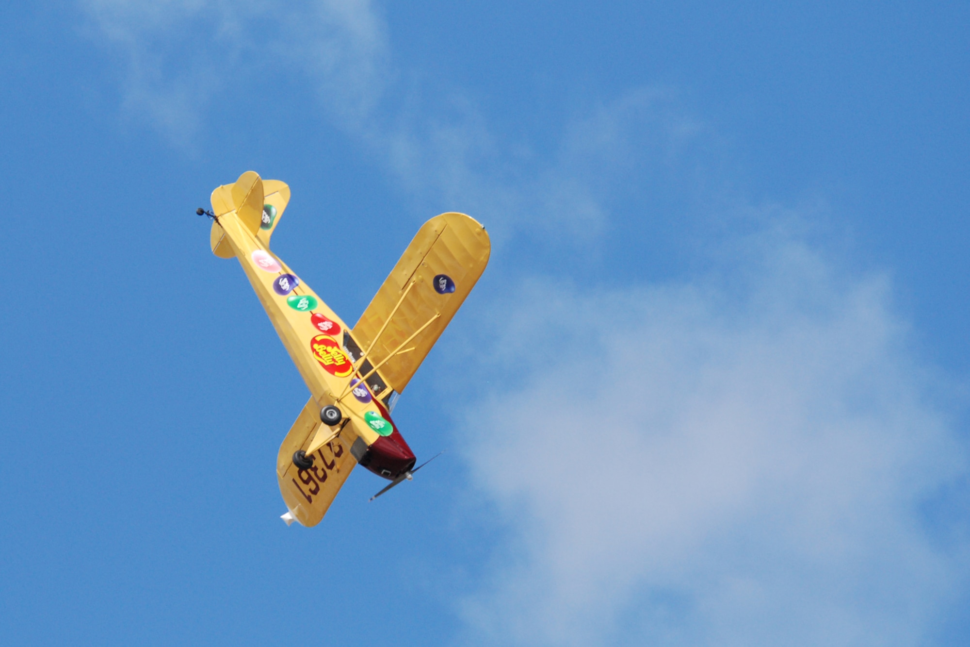 EGLIN AIR FORCE BASE, Fla. -- Kent Pietsch, in his 1942 Interstate Cadet, flies a comedy act during the 2007 Eglin Air Show April 15. During his routine, the pilot performs a dead stick (total power off) aerobatic routine from an altitude of 6,000 feet. More than 42,000 spectators watched as his maneuvers were made more difficult by the gusty winds associated with the storm that canceled the first day of the air show. (U.S. Air Force photo by Staff Sgt. Mike Meares)