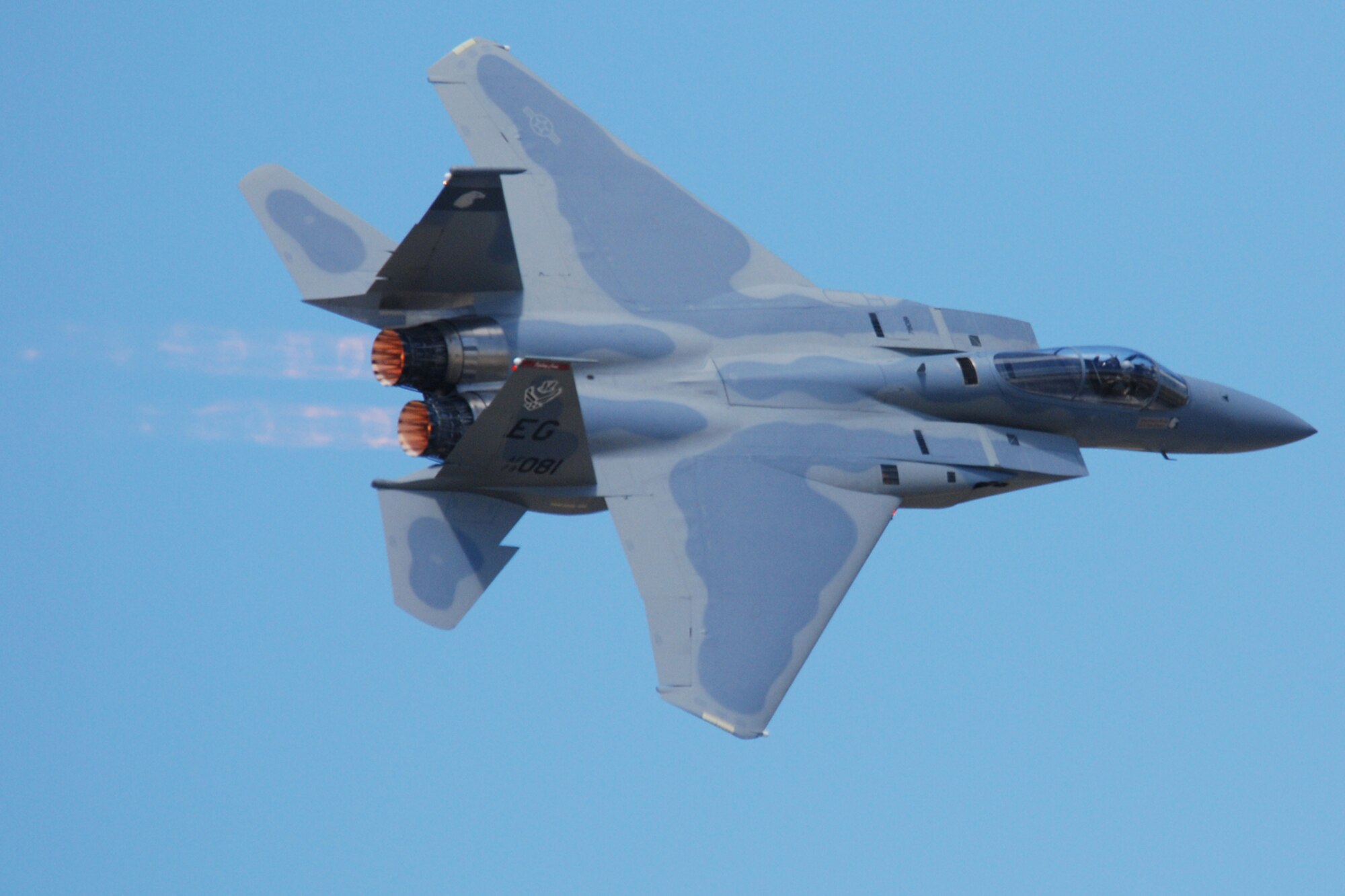 EGLIN AIR FORCE BASE, Fla. -- The Air Combat Command's F-15 West Coast Demonstration Team, stationed here, displays the F-15C capabilities as a single-role fighter designed to perform air-to-air missions to thousands at the 2007 Eglin Air Show April 15. The team performed at over 30 air shows across the country and around the world last year, showcasing the U.S. Air Force, the 33rd Fighter Wing and the F-15 Eagle for over 4.3 million people. (U.S. Air Force photo by Staff Sgt. Mike Meares)