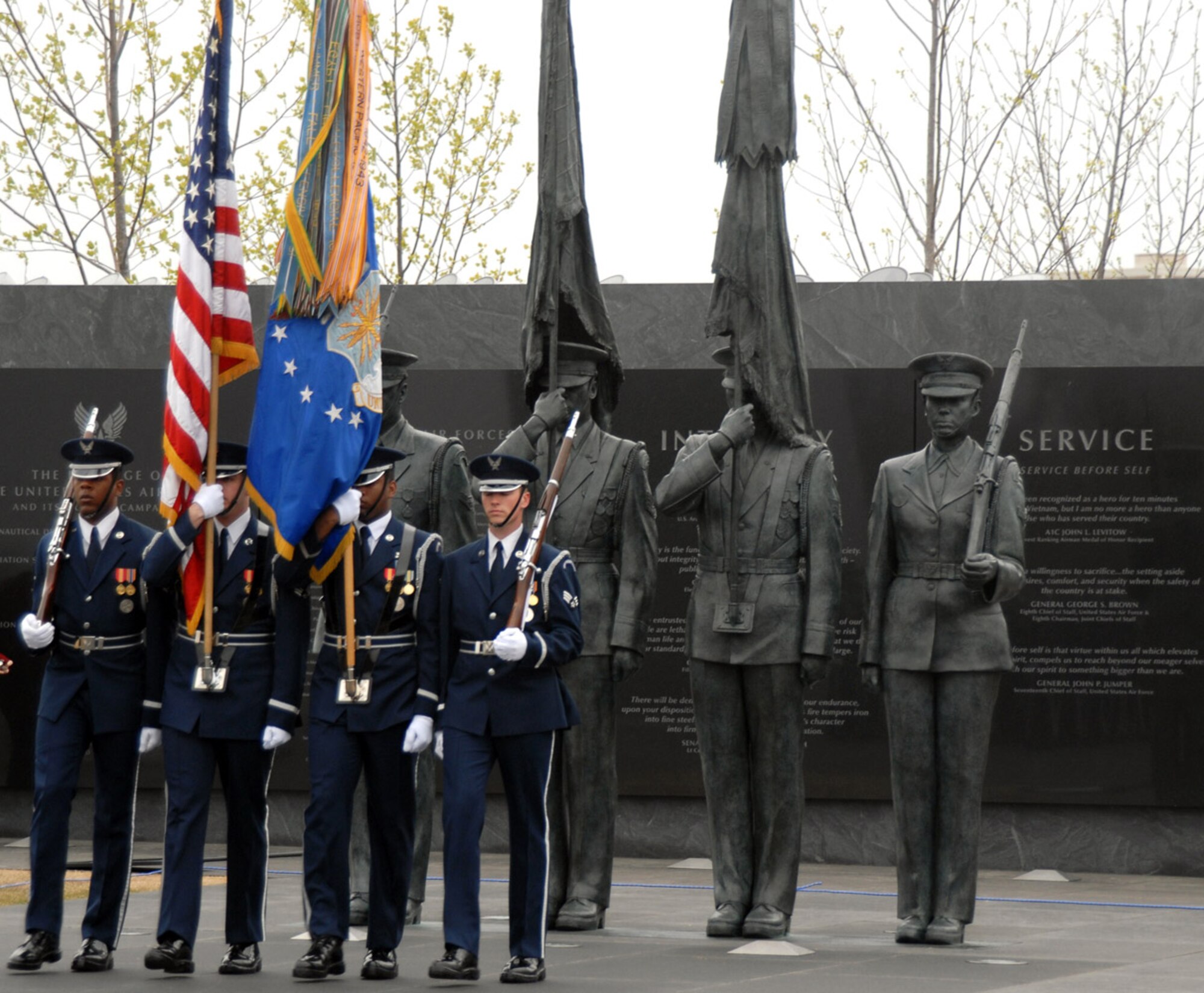 The Air Force Honor Guard presents the colors as part of the Air Force Review ceremony April 14 at the Air Force Memorial in Arlington, Va. Maj. Gen. Robert L. Smolen, the Air Force District of Washington commander, was the event host as well as the reviewing official. (U.S. Air Force photo/Staff Sgt. Madelyn Waychoff)
