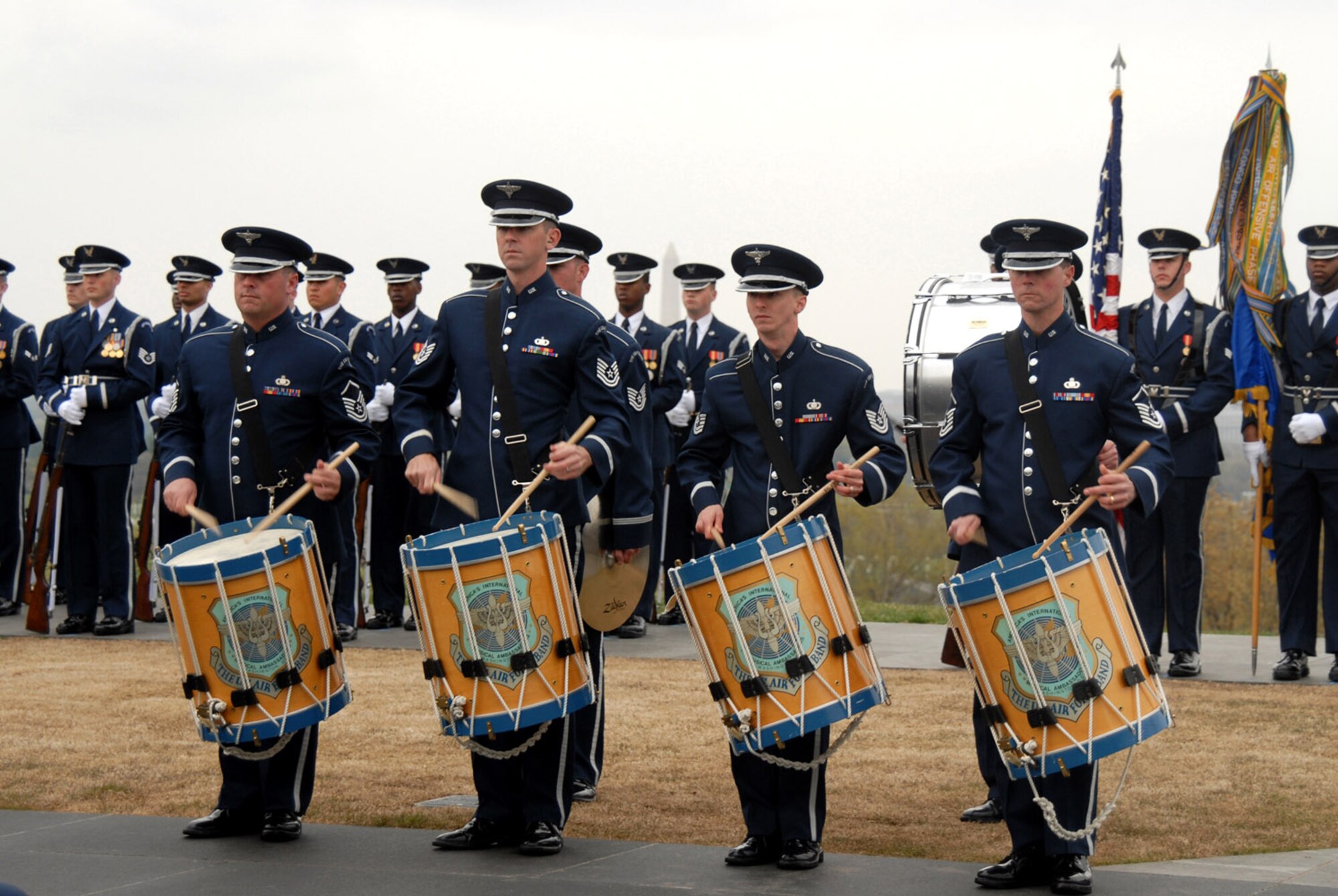 The Air Force Honor Band performed numerous musical numbers for the Air Force Review ceremony April 14 at the Air Force Memorial in Arlington, Va. Maj. Gen. Robert L. Smolen, the Air Force District of Washington commander, was the host and reviewing official for the event. (U.S. Air Force photo/Staff Sgt. Madelyn Waychoff)