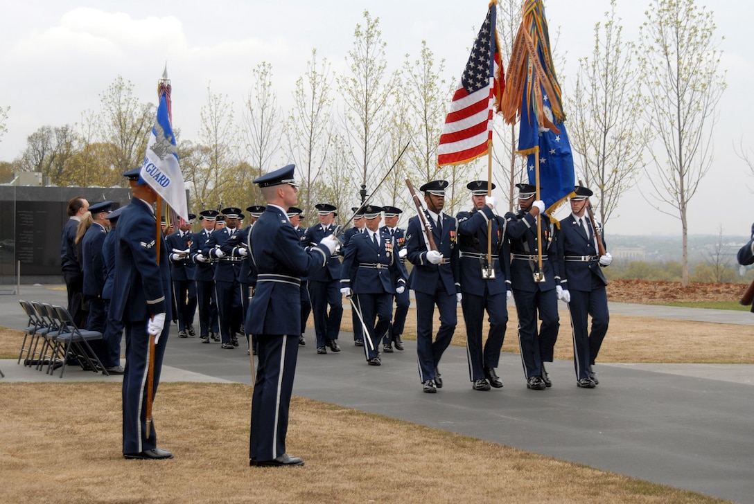 The Air Force Honor Guard performs a pass and review ceremony for the reviewing official, Maj. Gen. L. Robert Smolen, April 14 at the Air Force Memorial in Arlington, Va. General Smolen is the Air Force District of Washington commander. (U.S. Air Force photo/Staff Sgt. Madelyn Waychoff)