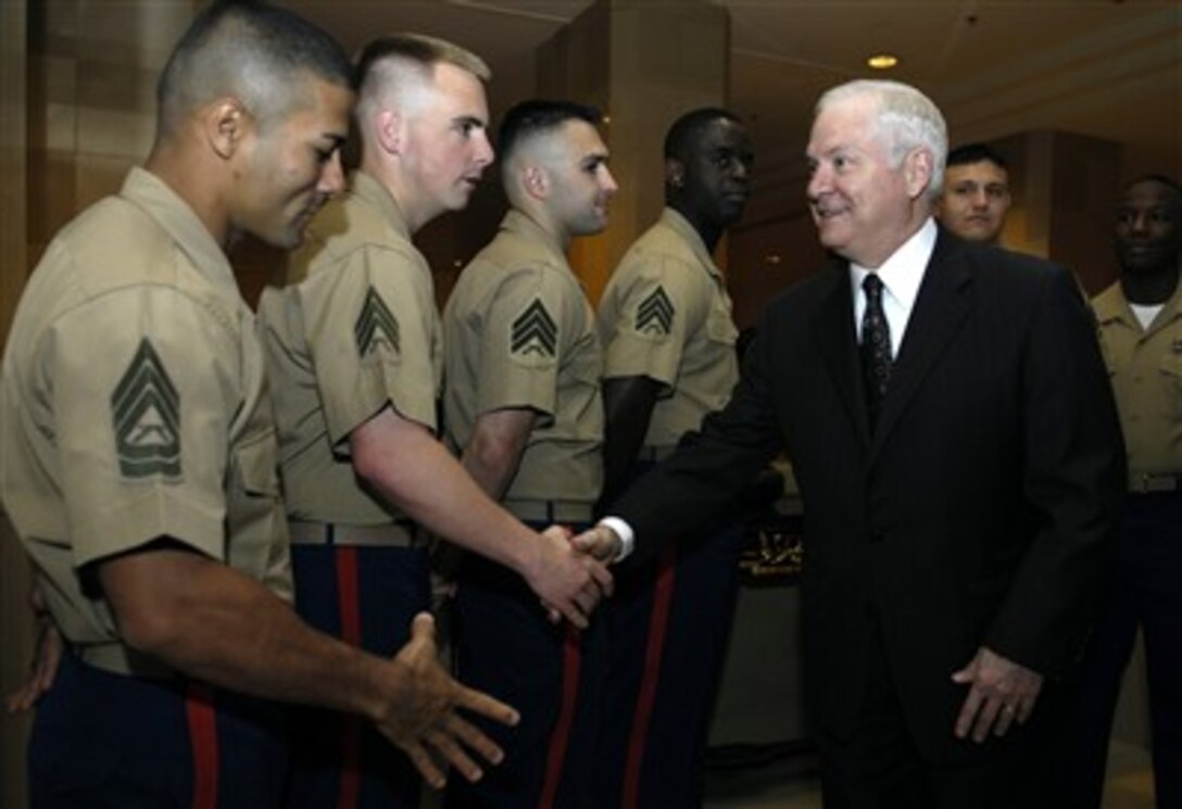 Defense Secretary Robert M. Gates meets with Marines from the U.S. Embassy in Amman, Jordan, April 17, 2007. Gates visited Jordan to meet with King Abdullah bin-al Hussein to discuss how to further strengthen ties in the coming years.  