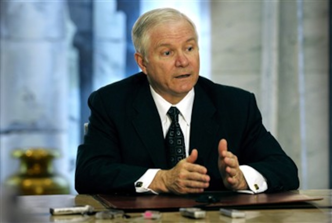 Secretary of Defense Robert M. Gates conducts a press conference in Amman, Jordan, on April 17, 2007.  Gates is in Jordan to meet with King Abdullah II to discuss key Middle East issues and how to further strengthen ties between the U.S. and Jordan.  