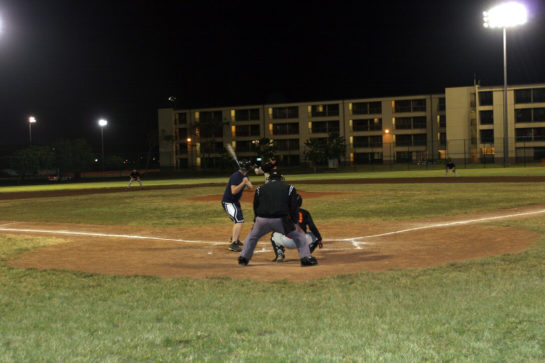 The great defensive play by the Combat Service Support Group 3 Outlaws gave them the advantage and the win over the Patrol Squadron 9 Eagles in an intramural baseball game at Marine Corps Base Hawaii, April 16.