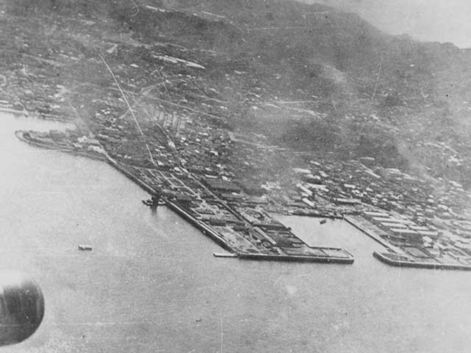 Major General James Doolittle’s raid on Tokyo. Yokosuka Japan Naval base taken from B-25, April 18, 1942.(National Archives, U.S. Navy 80-G-063596).