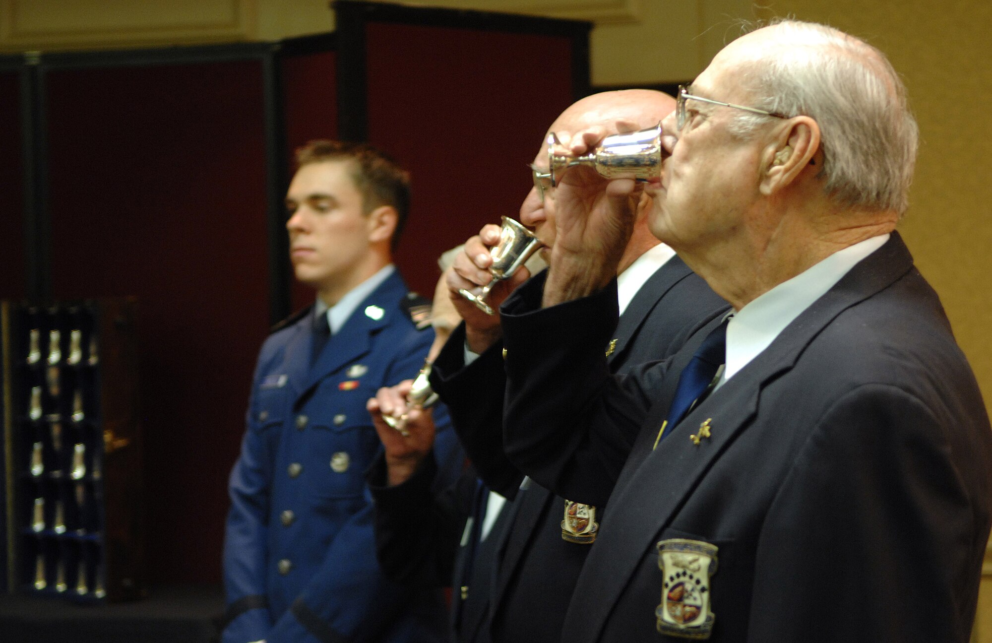 Doolittle Raiders drink a toast to their fallen raiders during a reunion and goblet ceremony in San Antonio April 18. When there are but two Raiders left, the two men will open a bottle of cognac, vintage 1896 (the year Doolittle was born) and give a final toast to their departed comrades. Fourteen of the 80 Raiders are still alive. (U.S. Air Force photo/Staff Sgt. Brian Ferguson)