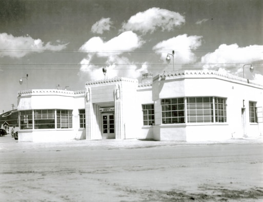 The airport passenger terminal, built in 1941, became the base headquarters and weather station during air base construction.  It is now part of the Peterson Air and Space Museum. (U. S. Air Force photo)