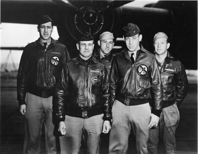 1942 -- The crew of the first aircraft of the Doolittle Raiders from left to right was Lt. Henry A. Potter, Lt. Col. James "Jimmy" Doolittle, Staff Sgt. Fred A. Braemer, Lt. Richard E. Cole and Staff Sgt. Paul J. Leonard. Colonel Doolittle led 15 other B-25s off the flight deck of the USS Hornet aircraft carrier April 18, 1942 in the Pacific Ocean. 2007 marks the 65th anniversary of the Doolittle Raid on Japan. (Photo courtesy National Museum of the U.S. Air Force)     