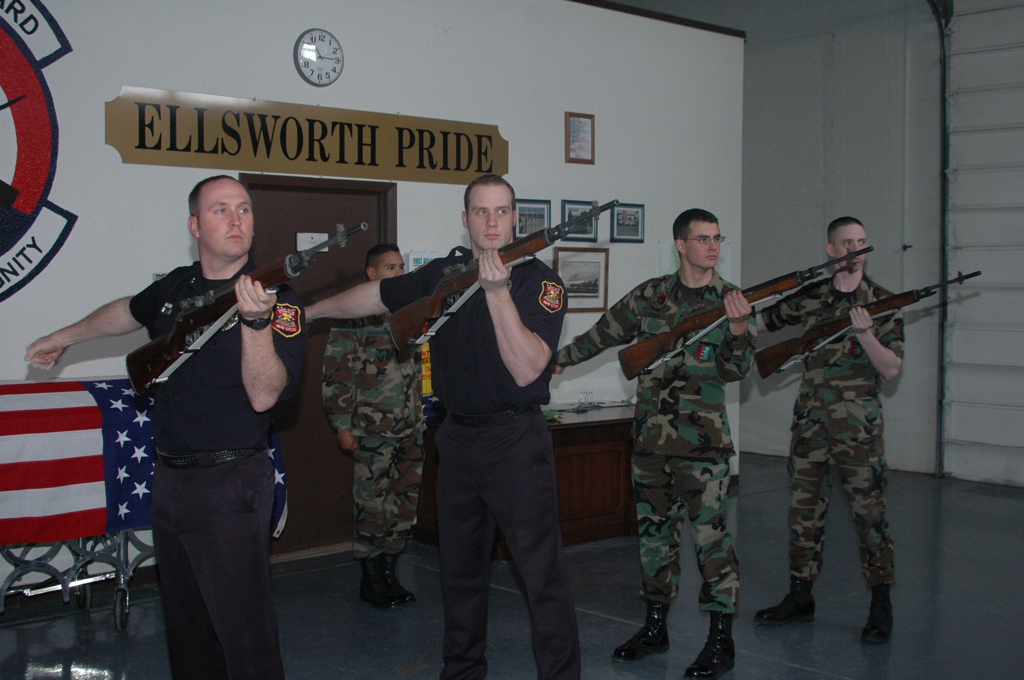 Ellsworth's honor guard wrapped up a four-day training course April 12 which officers from the Rapid City Police Department attended. The group of new honor guard members and local police officers was trained on marching, facing movements, posting the colors, funerals and firing party. It’s been nearly two years since the last joint training class was held. (U.S. Air Force photo/Airman 1st Class Kimberly Moore Limrick)