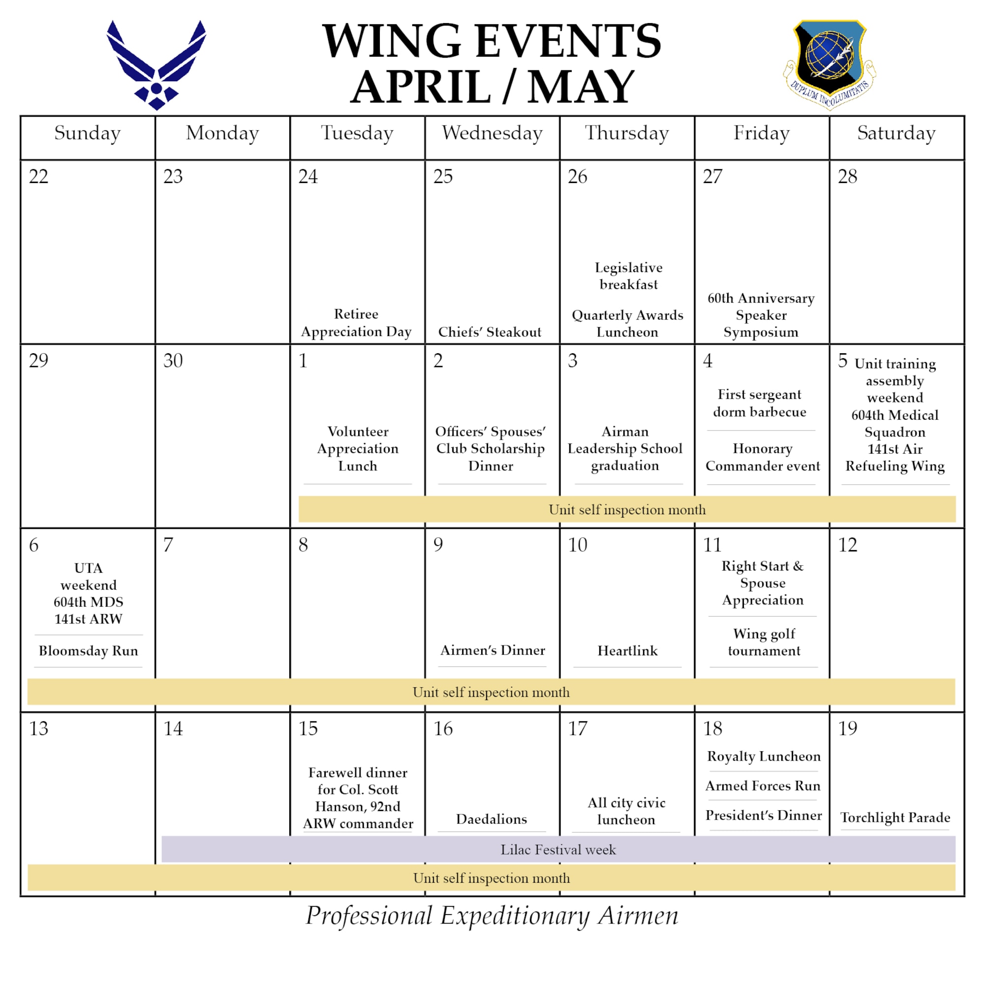 Wing events for April and May (U.S. Air Force graphic/Staff Sgt. Kristian Carter)