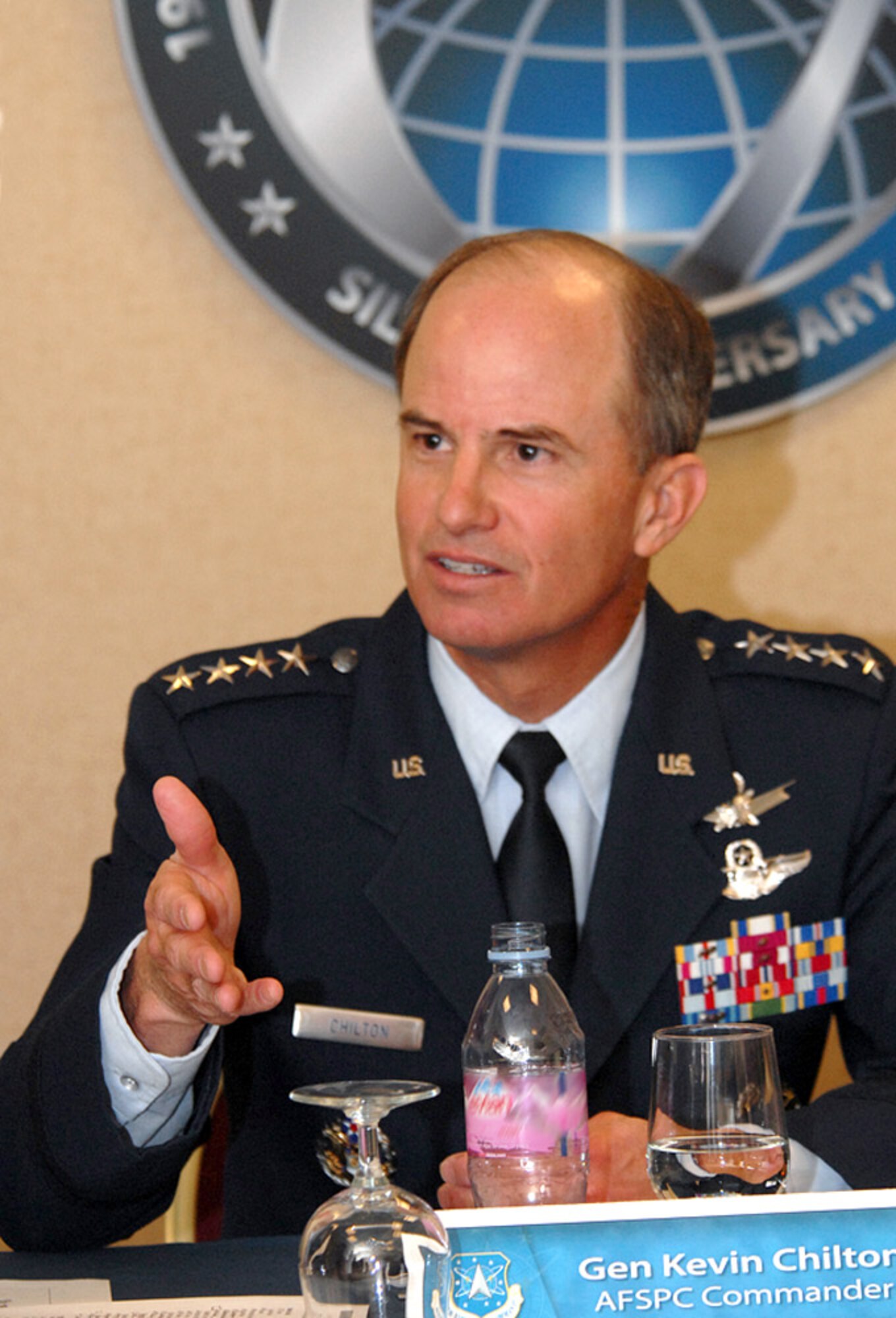 Gen. Kevin P. Chilton, Air Force Space Command commander, sits down with reporters April 12 at the 23rd National Space Symposium in Colorado Springs, Colo. At the symposium, General Chilton spoke to an audience of more than 500 military and civilian representatives about delivering space capabilities to the joint fight.