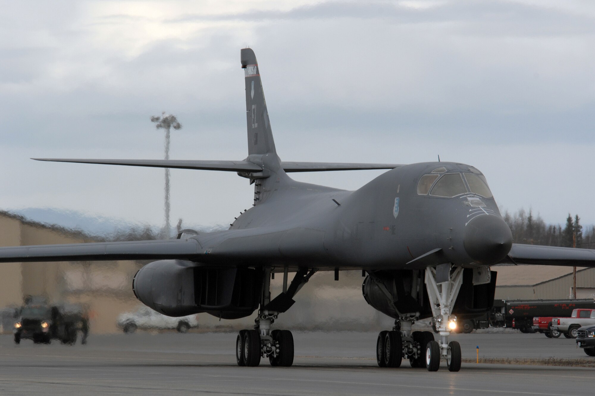 EIELSON AIR FORCE BASE, Alaska -- A B-1B Lancer, 28th Bomb Wing, Ellsworth Air Force Base, South Dakota  taxis on the flightline during Red Flag-Alaska 07-1 here on April 11. Red Flag-Alaska is a Pacific Air Forces-directed field training exercise for U.S. forces flown under simulated air combat conditions. It is conducted on the Pacific Alaskan Range Complex with air operations flown out of Eielson and Elmendorf Air Force Bases. (U.S. Air Force photo/Staff Sgt Joshua Strang) 