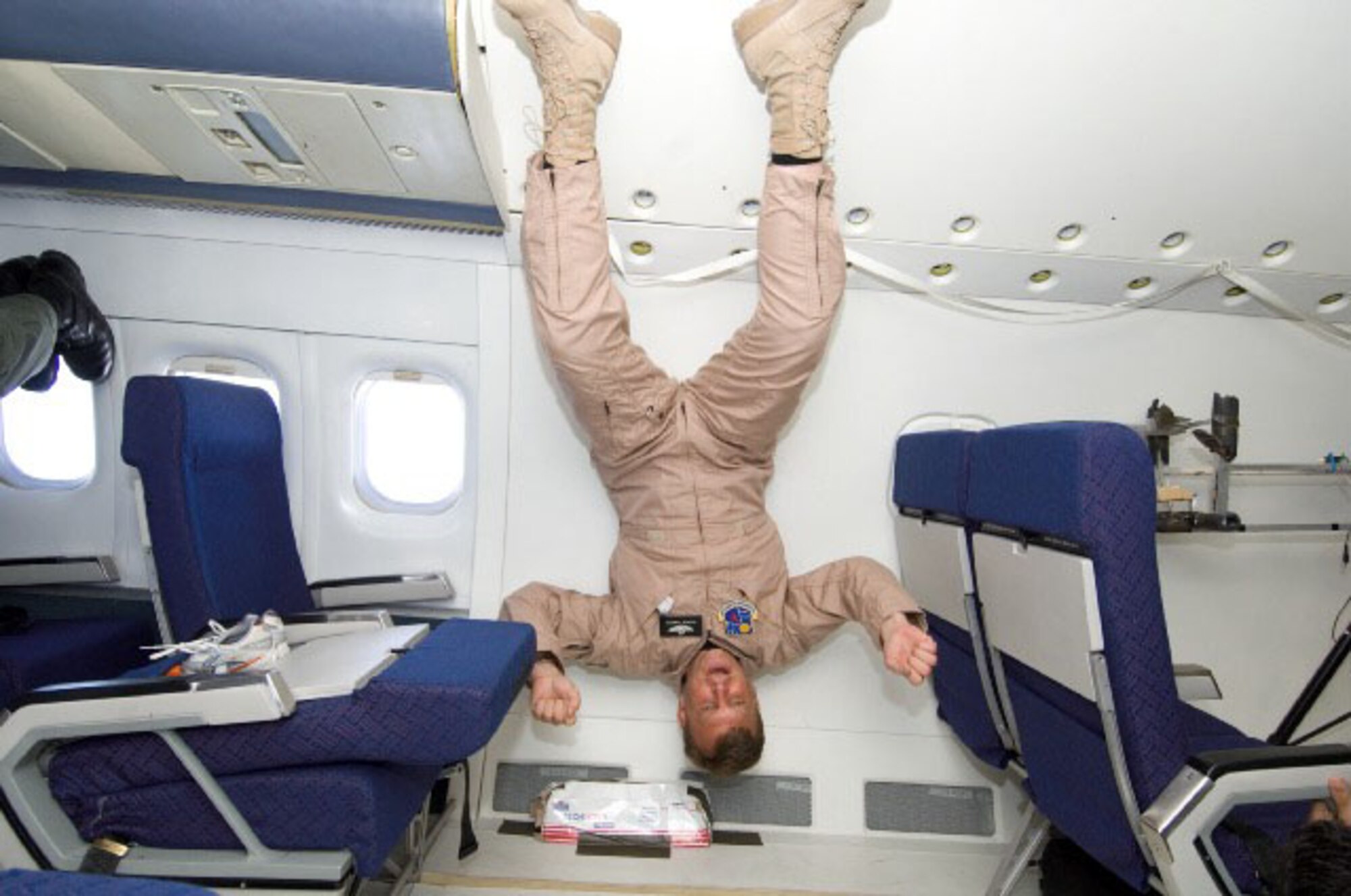 Col. Andrew Roberts tries flying in the NASA zero-G aircraft, commonly called the vomit comet. Colonel Roberts retired today after 30 years of combined active-duty and Reserve service. (Courtesy photo)