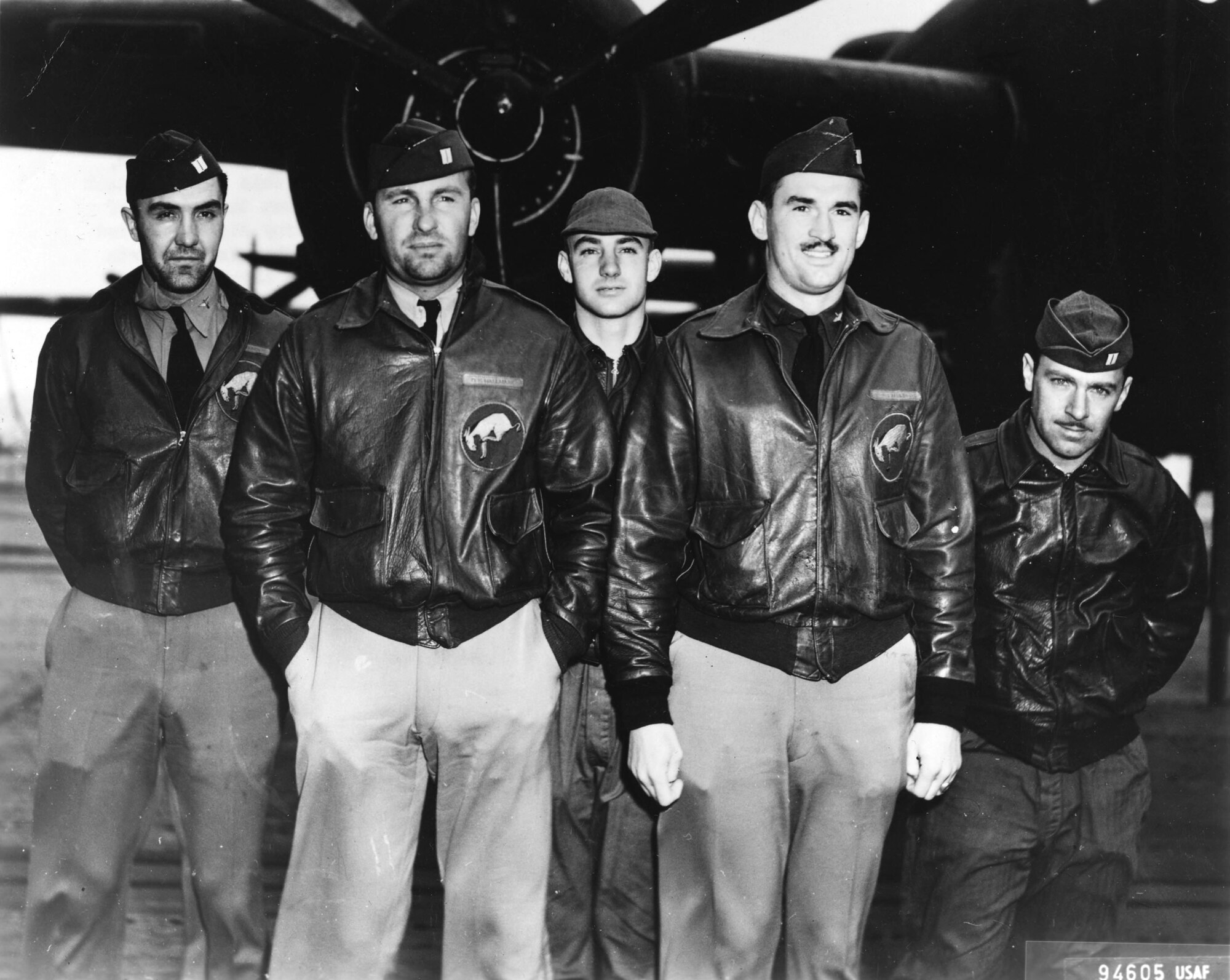 First Lt. Dean E. Hallmark stands with his aircrew mates of Crew No. 6 before the famed Doolittle Raid mission April 18, 1942. Crew No. 6 with the 95th Bombardment Squadron flew Plane #40-2298 to bomb targets in Tokyo. Front row:  Lieutenant Hallmark, pilot; Lt. Robert J. Meder, copilot; back row: Lt. Chase J. Nielsen, navigator; Sgt. William J. Dieter, bombardier; and Sgt. Donald E. Fitzmaurice, flight engineer/gunner. (U.S. Air Force photo) 