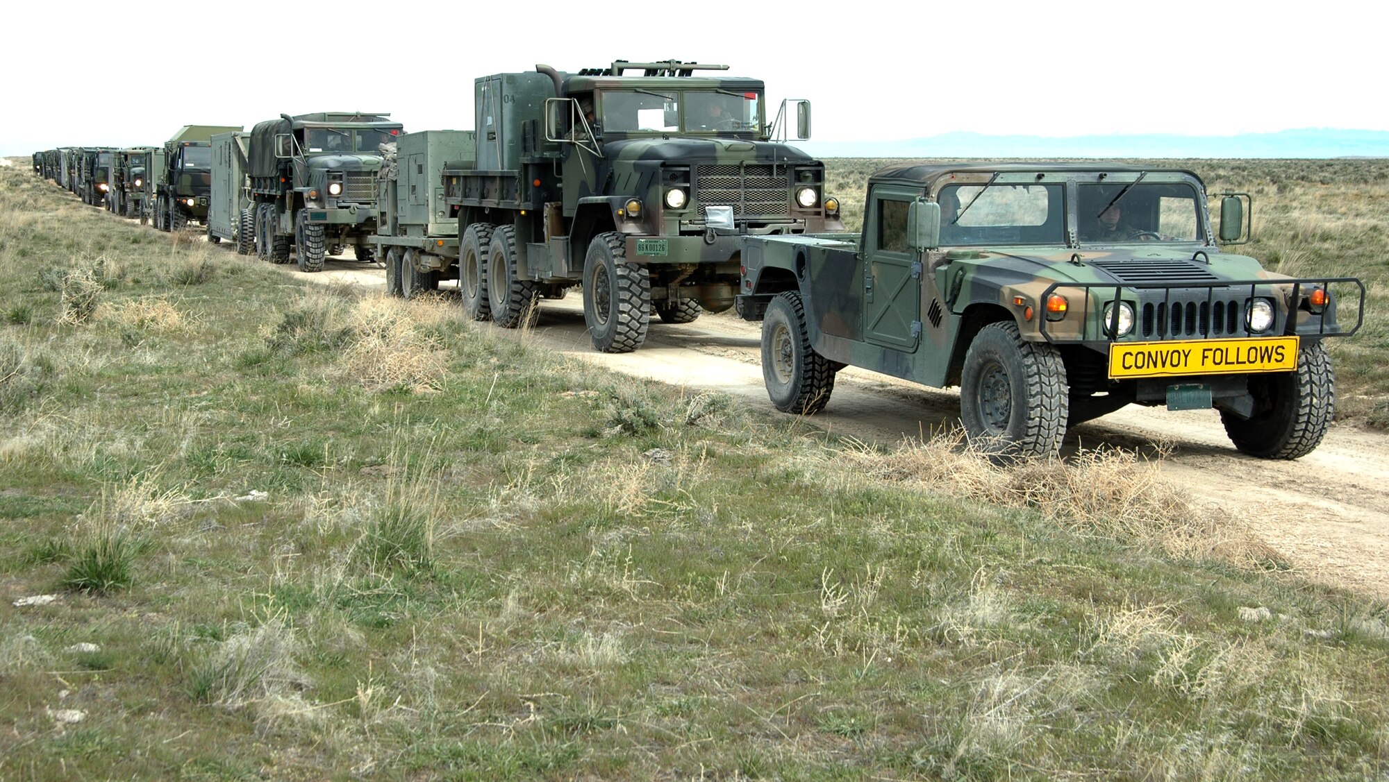 MOUNTAIN HOME AIR FORCE BASE, Idaho -- Troops from the 726th Air Control Squadron arrive at Saylor Creek bombing range via convoy April 14.  The squadron used four vehicle convoys to transport its Airmen and equipment to the training site.  Air Force photo by Airman Samantha S. DeVries