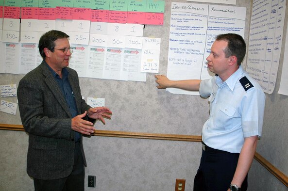 Air Force Reservist Capt. Doug Crow discusses the outcome of an AFSO21 Rapid Improvement Event for Isochrononal Preparation / Wash Process improvement with Mr. Kim Dixon, a contractor dedicated to assisting with the implementation of AFSO21 initiatives throughout Air Mobility Command.(Air Force Photo/Staff Sgt. K.L. Kimbrell)