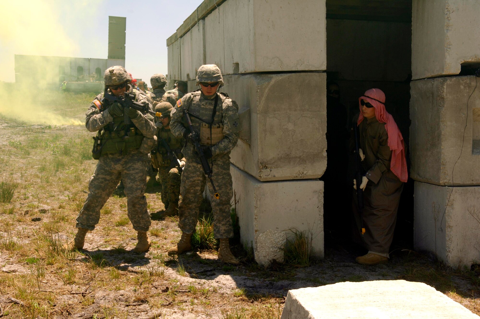 Members of the Scout Platoon 3-67 AR, 4th ID from Ft. Hood, Texas, prepare to engage opposition forces April 17 as part of Atlantic Strike 5. Atlantic Strike is a joint forces training event involving joint terminal attack controllers from the Army, Air Force and Marines and is held semiannually at the Avon Park Air Ground Training Complex in Avon Park, Fla. (U.S. Air Force photo/Staff Sgt. Stephen J. Otero)
