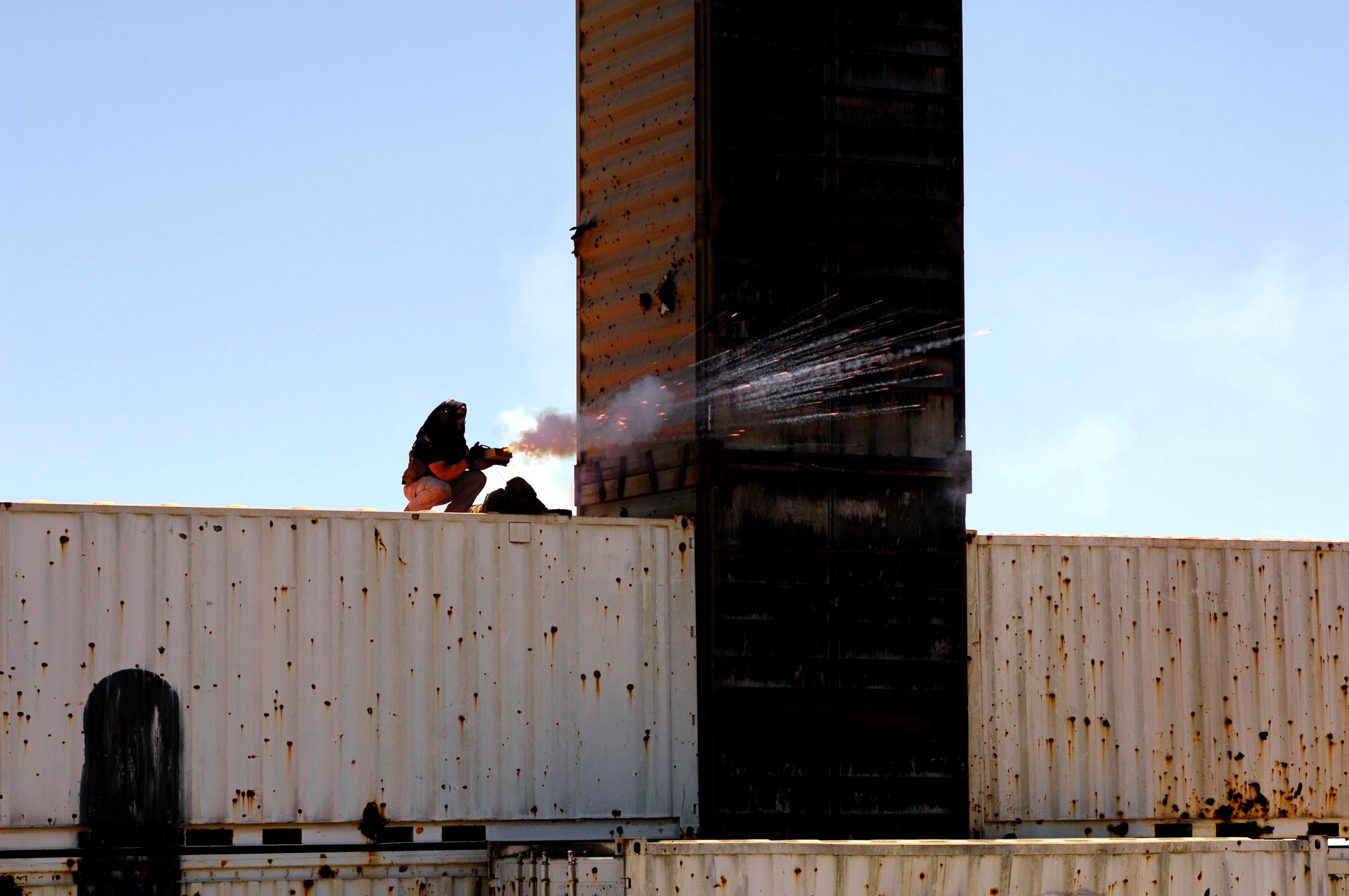 Air Force members portraying opposition forces launch simulated artillery at a convoy April 17 during Atlantic Strike 5. Atlantic Strike is a joint forces training event involving joint terminal attack controllers from the Army, Air Force and Marines and is held semiannually at the Avon Park Air Ground Training Complex in Avon Park, Fla. (U.S. Air Force photo/Staff Sgt. Stephen J. Otero)