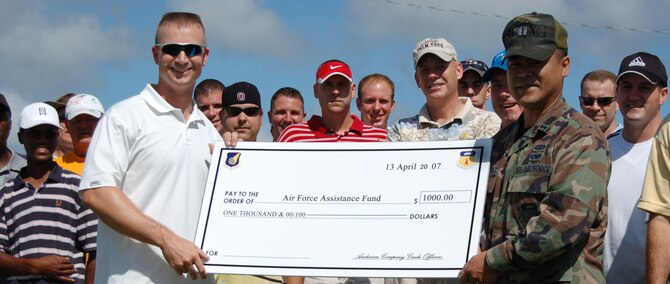Capt. Mike Landers, left, and Capt. Richell Martinez, Air Force Assistant Fund coordinators, helped lead the AFAF drive. (Photo by Master Sgt. Ann Bennett/36th Wing Public Affairs)