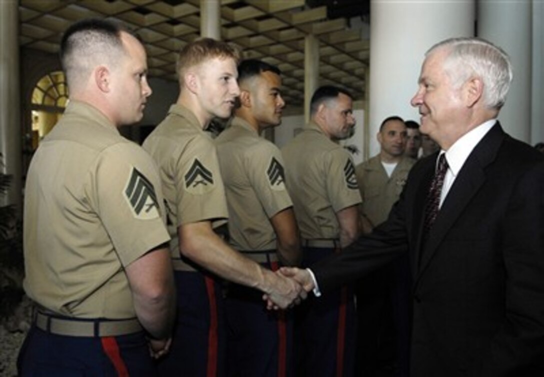 U.S. Defense Secretary Robert M. Gates meets with U.S. Marines assigned to the U.S. Embassy in Tel Aviv, Israel, April 19, 2007.  Gates later met with Prime Minister Ehud Olmert and laid a wreath at the Yad Vashem children's holocaust memorial.  