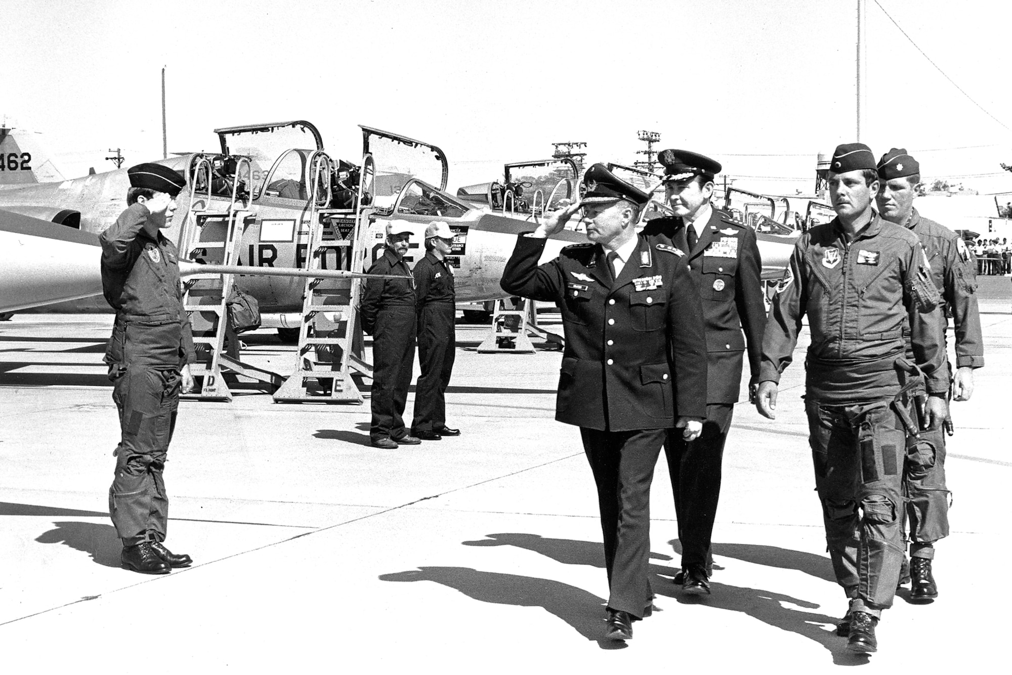 Lt. Gen. Fredrich Obleser, German air force chief of staff, and Gen. Wilbur Creech, Tactical Air Command commander, attended a March 16, 1983, ceremony marking the end of the German air force F-104 training program at Luke. (Courtesy photo)
