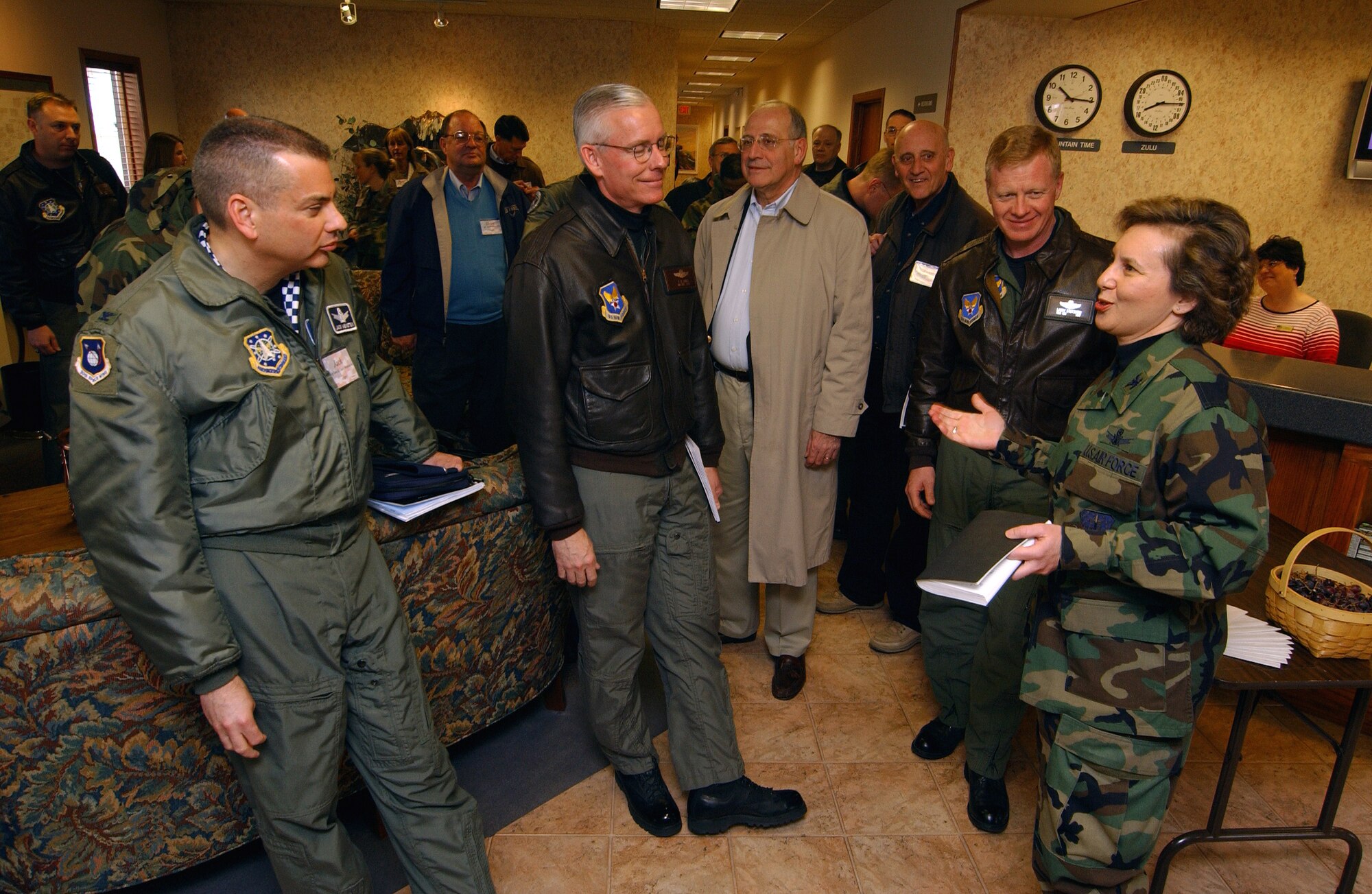 Col. Sandy Finan, 341st Space Wing commander, meets and welcomes Air Force Board members. Members of the Air Force Board were here Tuesday to tour Malmstrom and get a feel for the Air Force Space Command Intercontinental Ballistic Missile mission.
